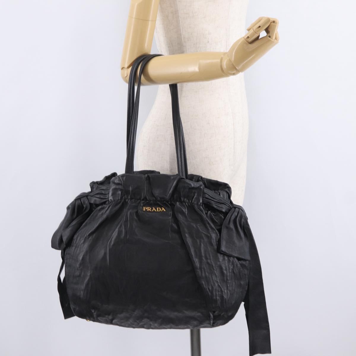 PRADA Side Ribbon Tote Bag Leather Black Gold Auth am12722V