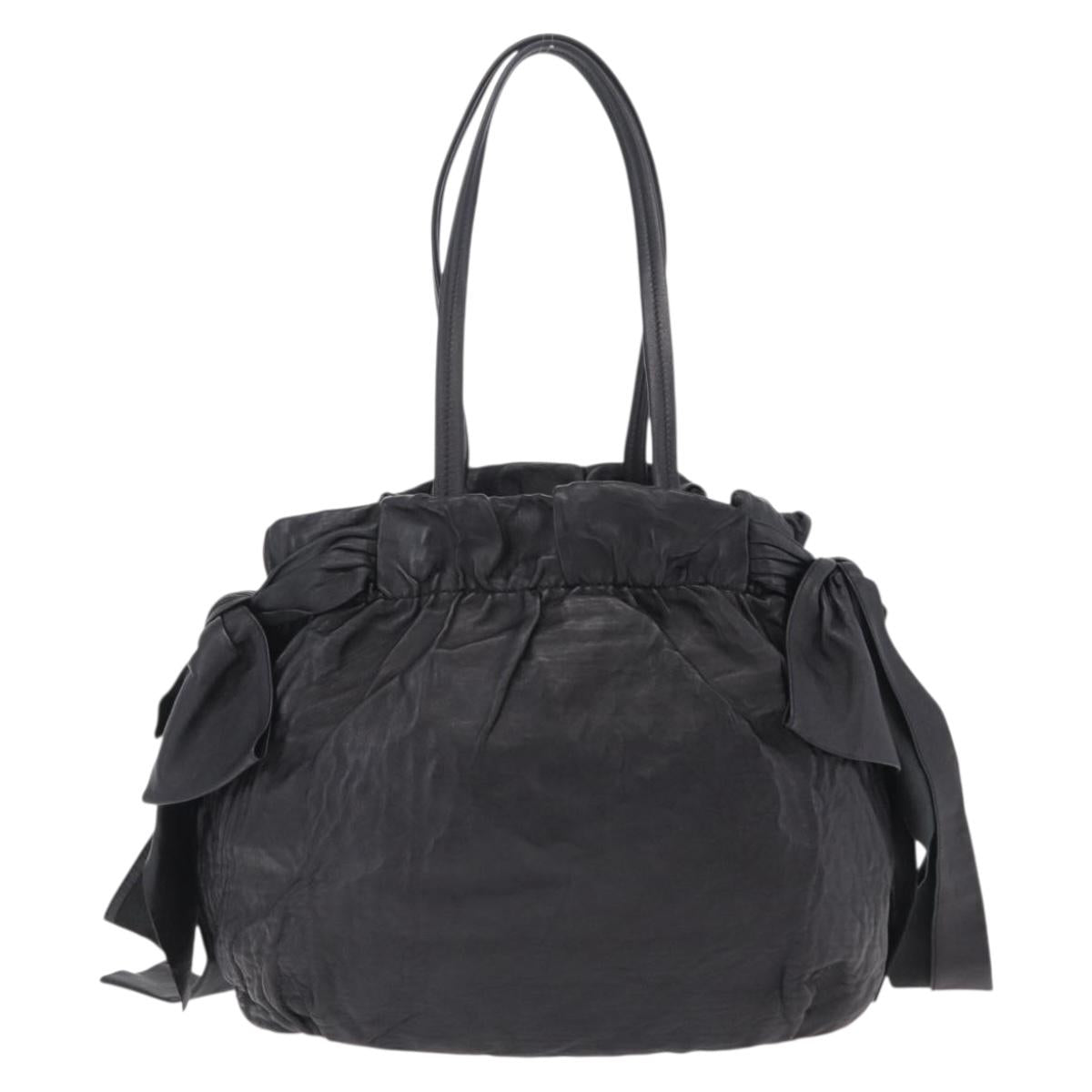 PRADA Side Ribbon Tote Bag Leather Black Gold Auth am12722V
