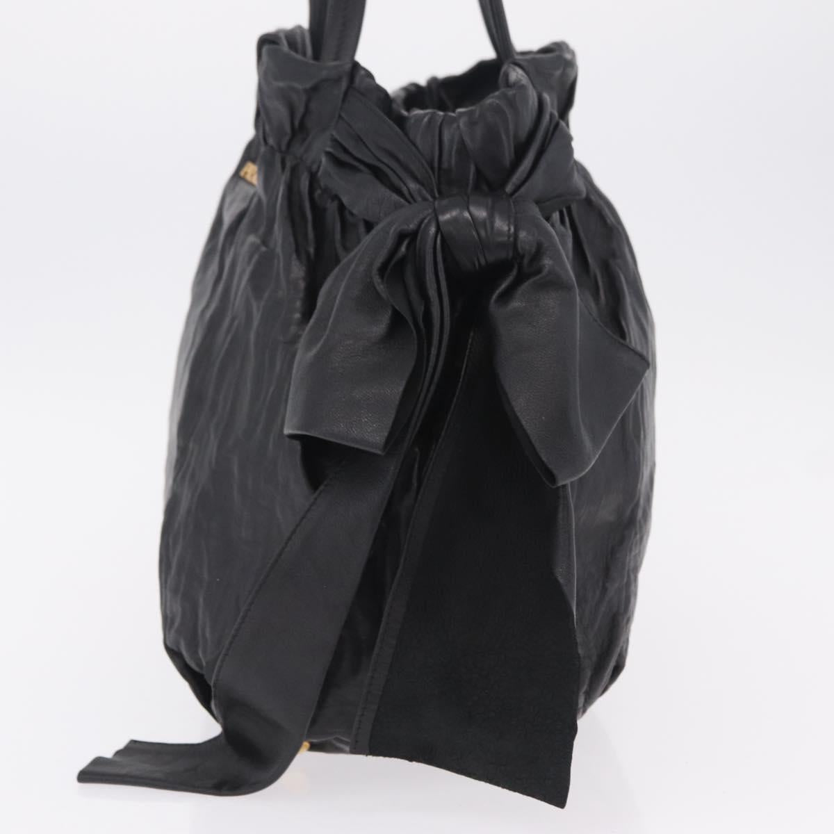 PRADA Side Ribbon Tote Bag Leather Black Gold Auth am12722V