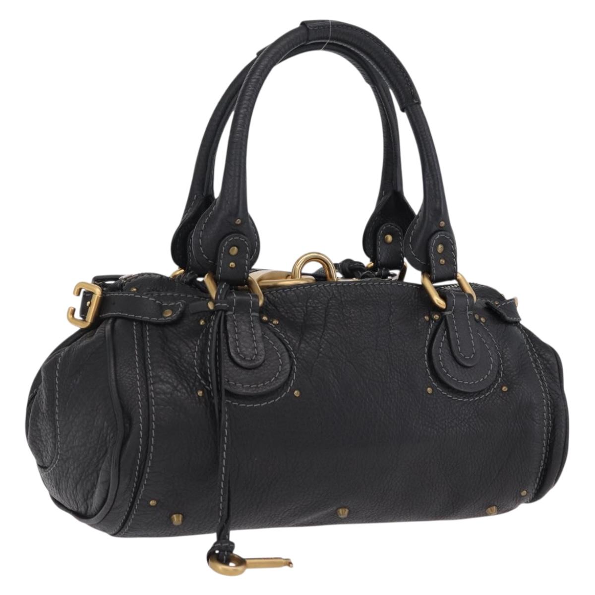 Chloe Paddington Hand Bag Leather Black Gold Silver Auth am12725V