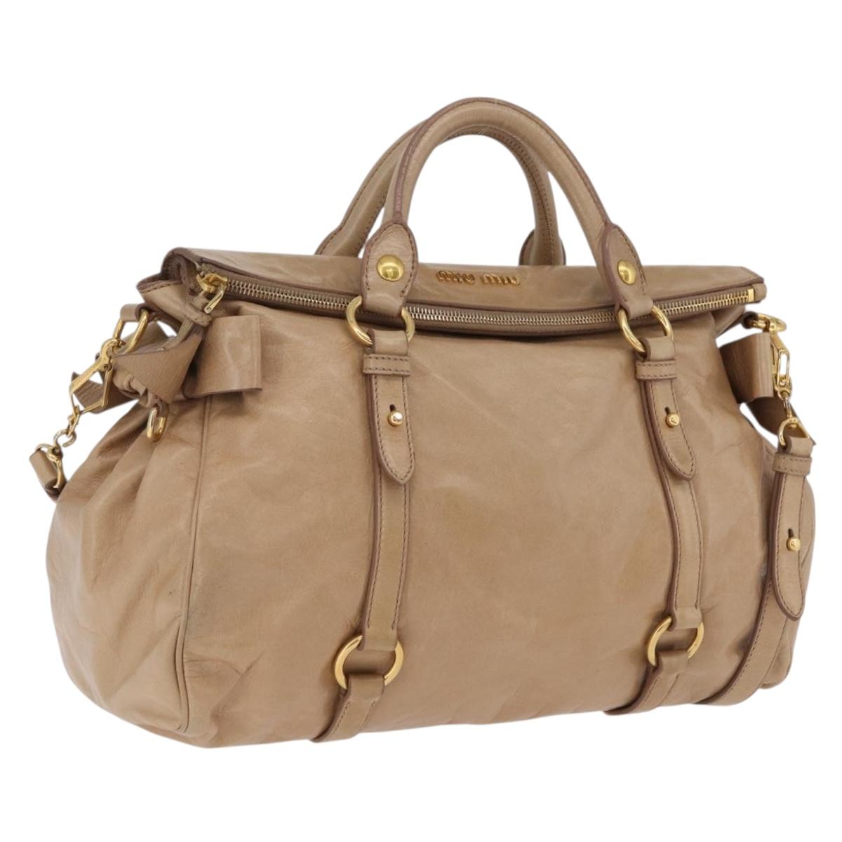 Miu Miu Side Ribbon Hand Bag Leather 2way Beige Gold Auth am12729V