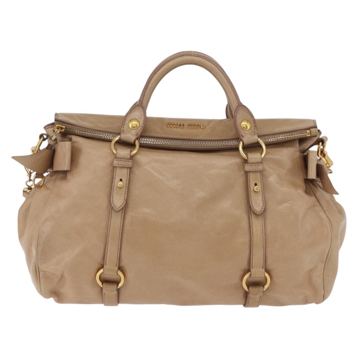 Miu Miu Side Ribbon Hand Bag Leather 2way Beige Gold Auth am12729V