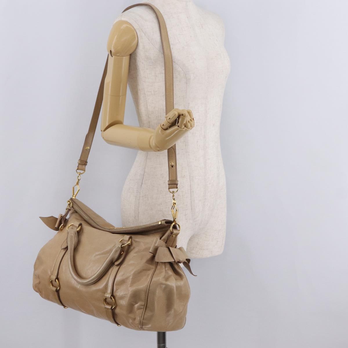 Miu Miu Side Ribbon Hand Bag Leather 2way Beige Gold Auth am12729V