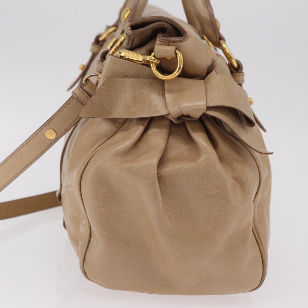 Miu Miu Side Ribbon Hand Bag Leather 2way Beige Gold Auth am12729V