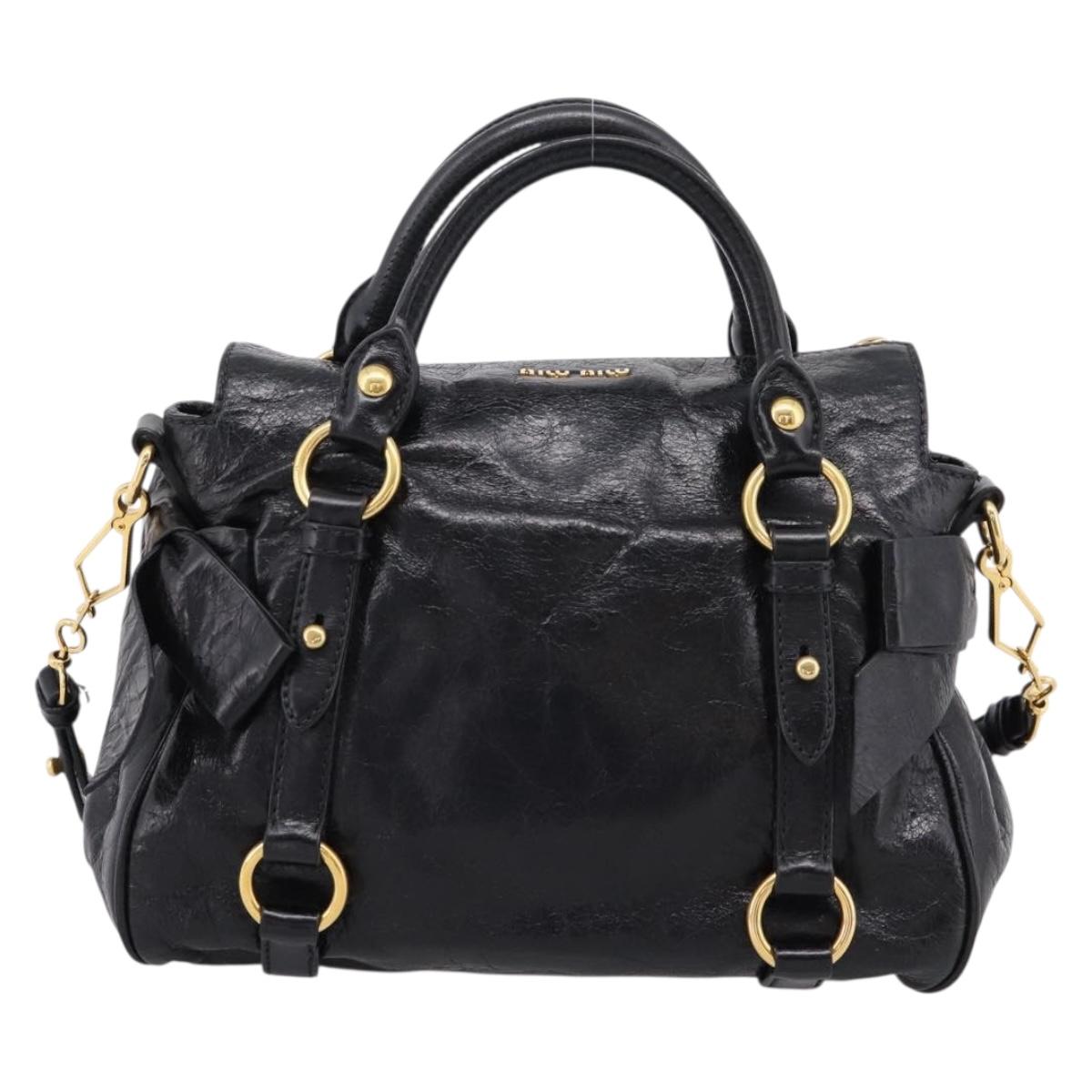 Miu Miu Side Ribbon Hand Bag Leather 2way Black Gold Auth am12763M