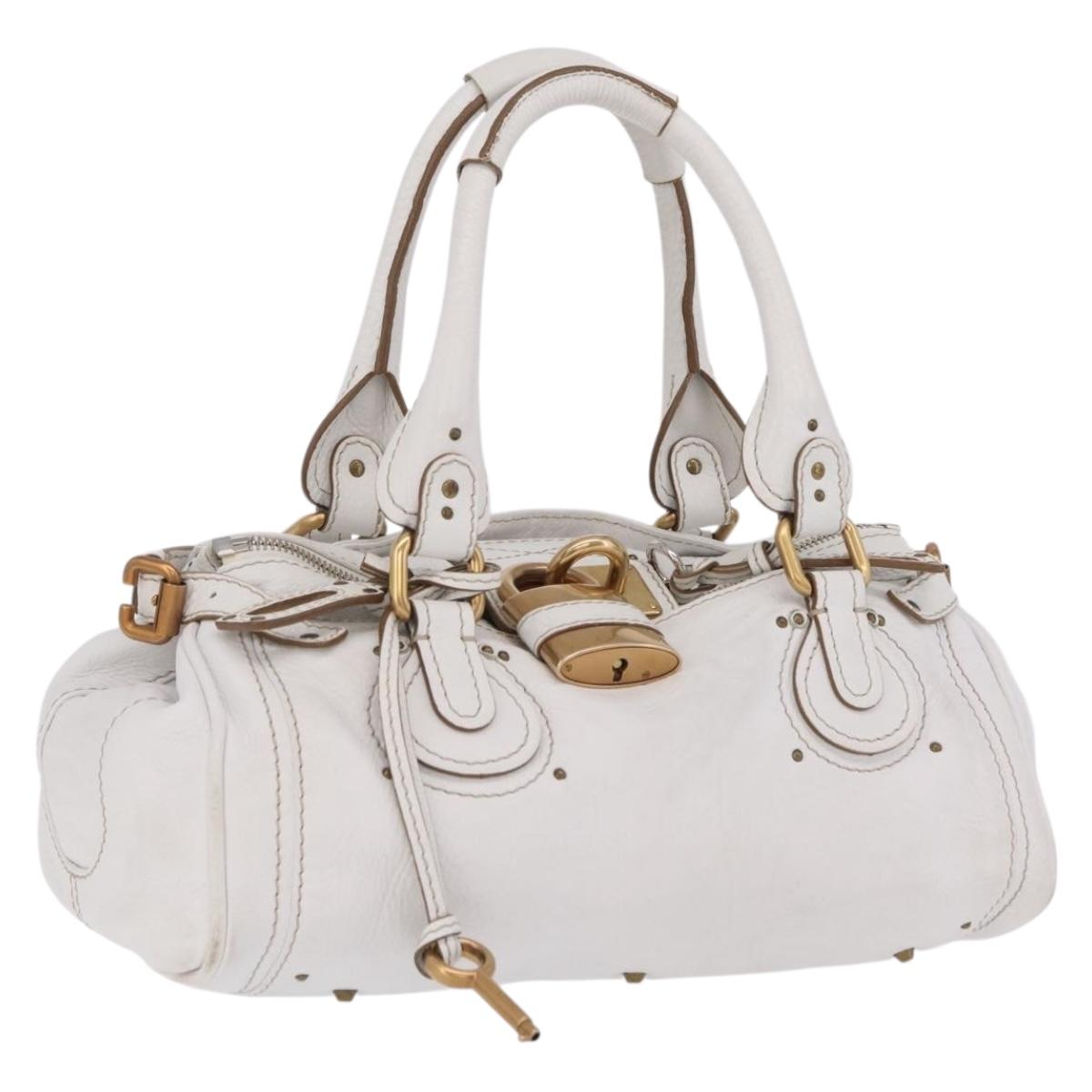 Chloe Paddington Hand Bag Leather White Gold Tone Auth am12820V