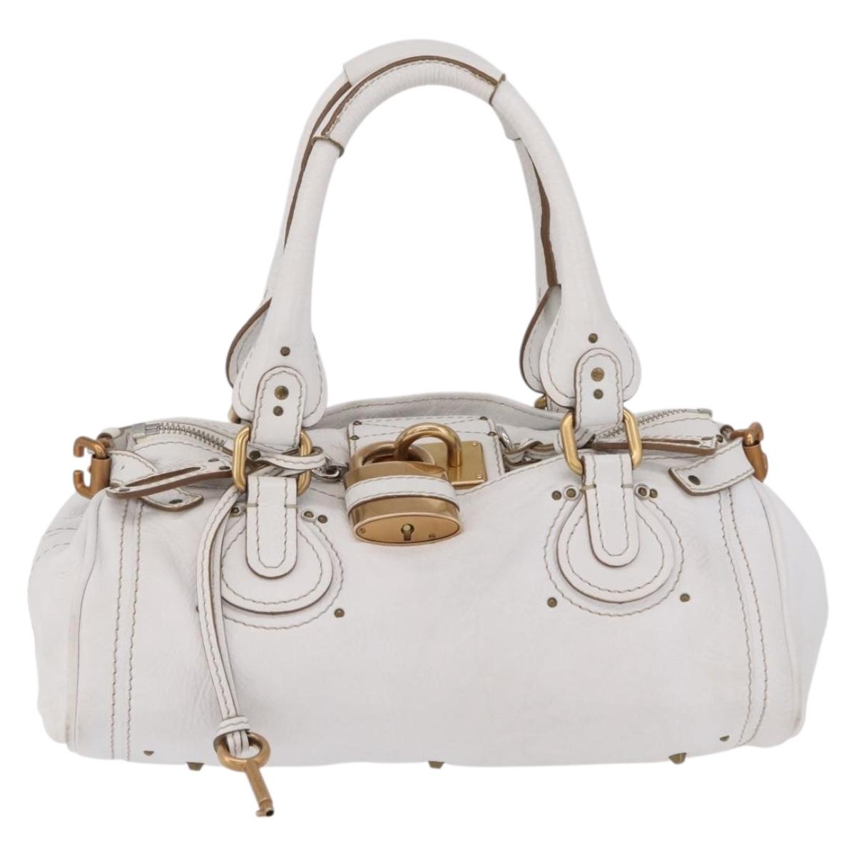 Chloe Paddington Hand Bag Leather White Gold Tone Auth am12820V