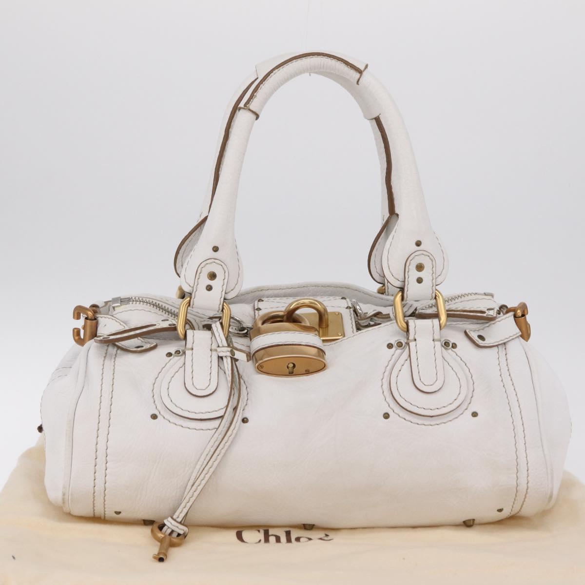 Chloe Paddington Hand Bag Leather White Gold Tone Auth am12820V