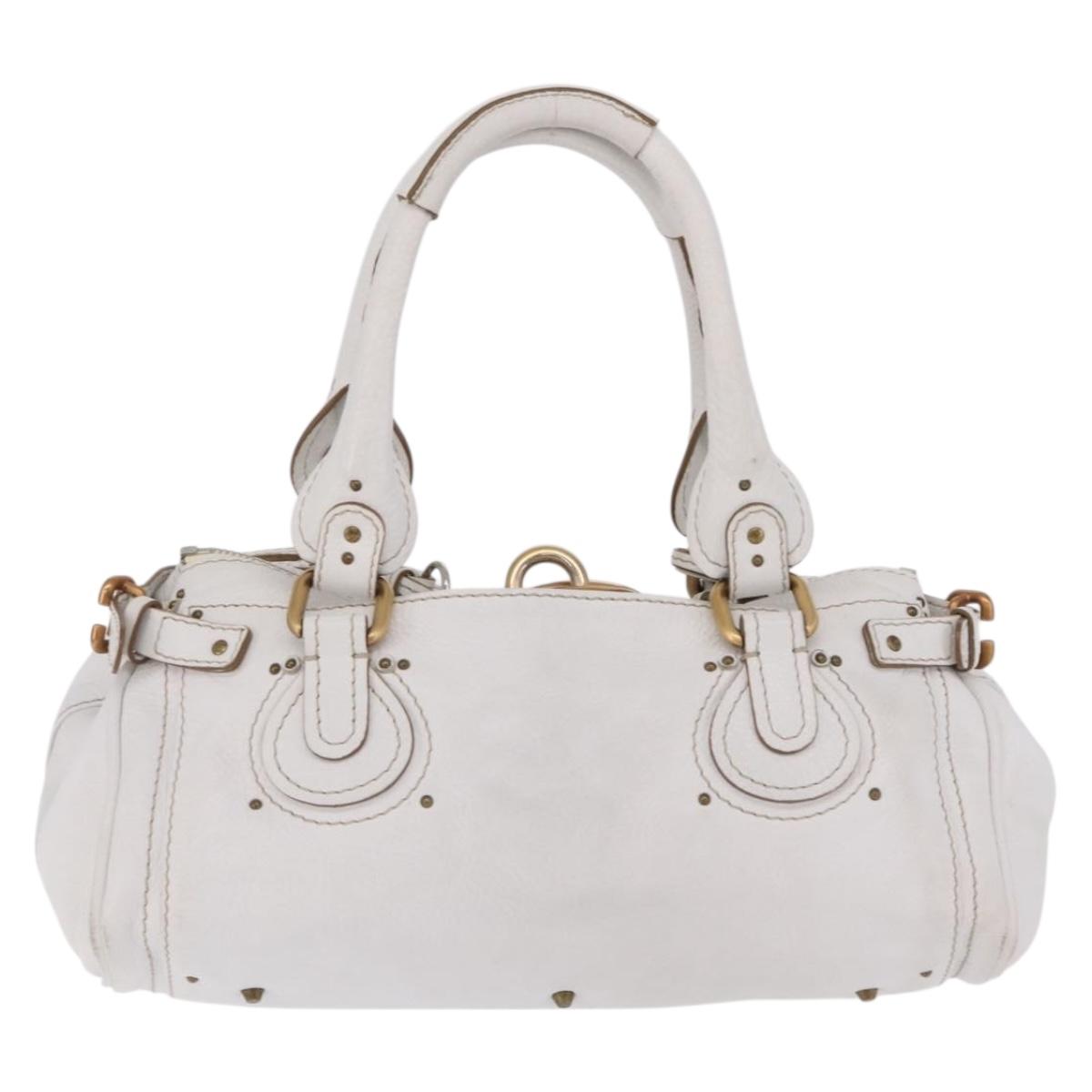 Chloe Paddington Hand Bag Leather White Gold Tone Auth am12820V