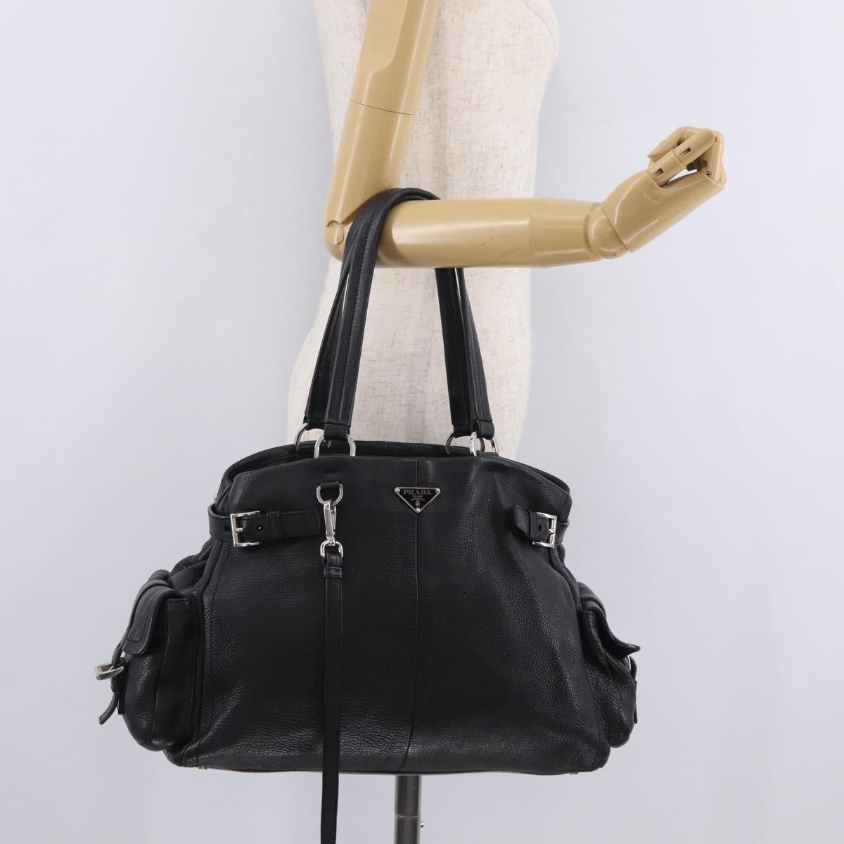PRADA Shoulder Hand Bag Leather Black Silver Auth am12841V