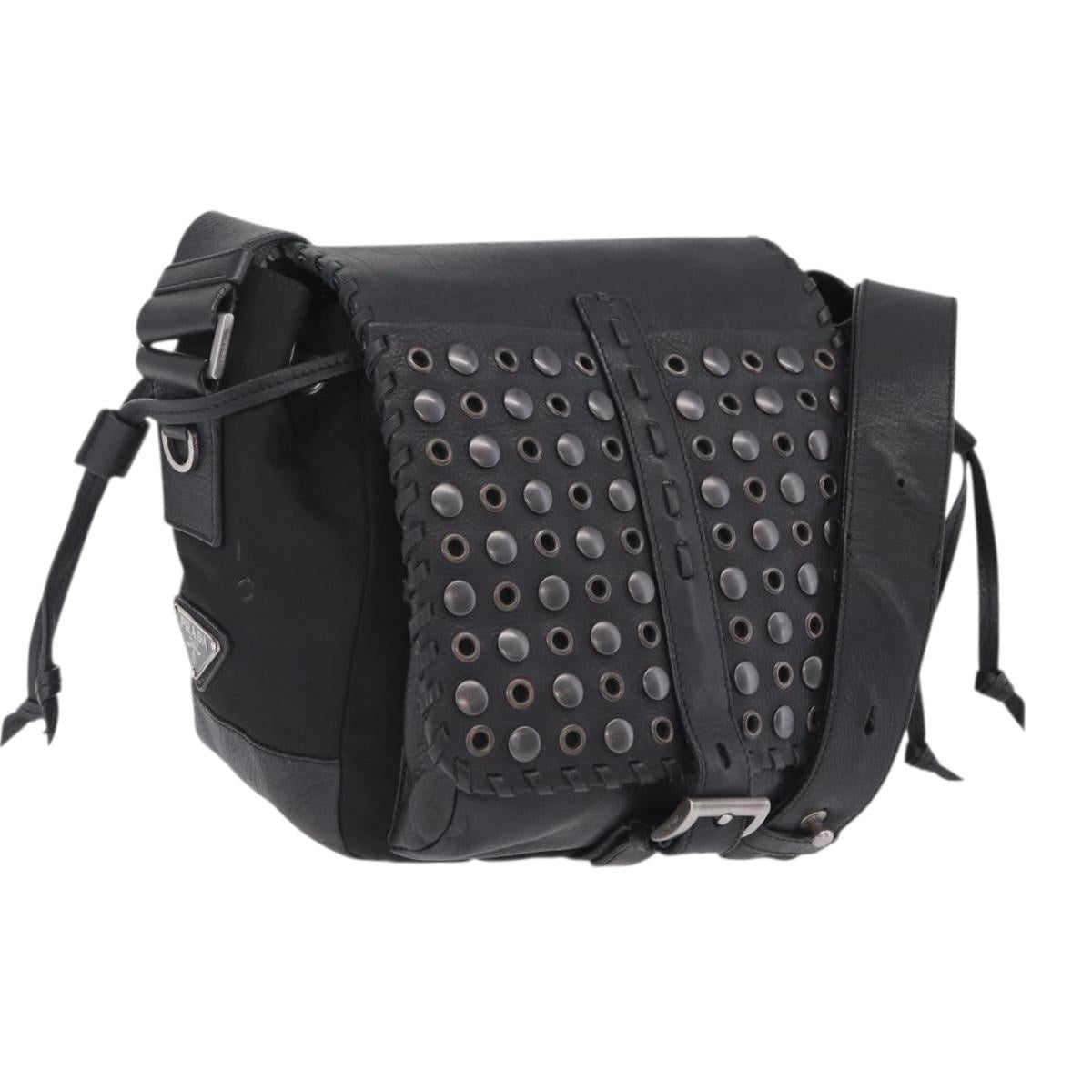 PRADA Studs Shoulder Bag Nylon Black Silver Auth am12849A