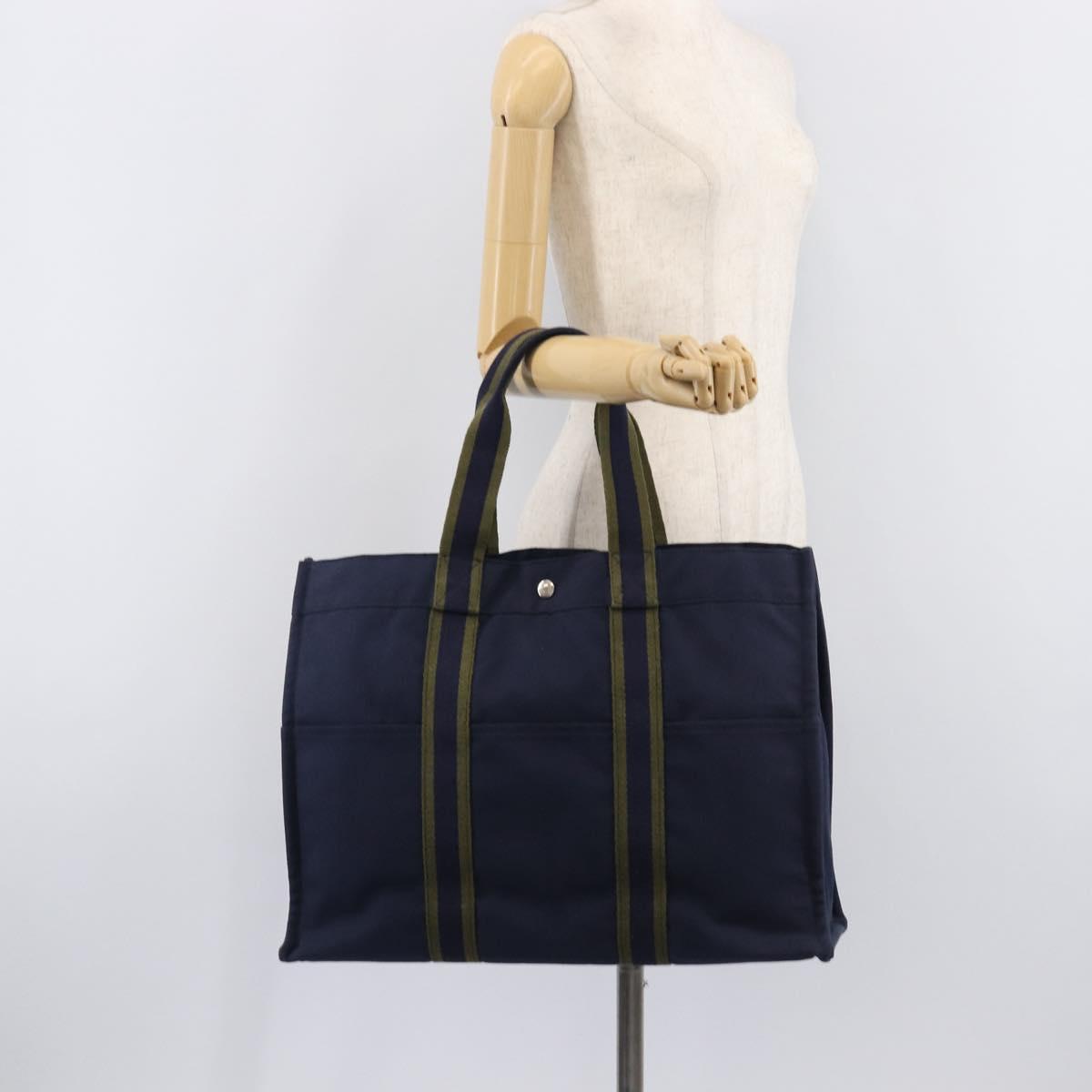 HERMES Fourre Tout MM Hand Bag Canvas Navy Silver Auth am12875V