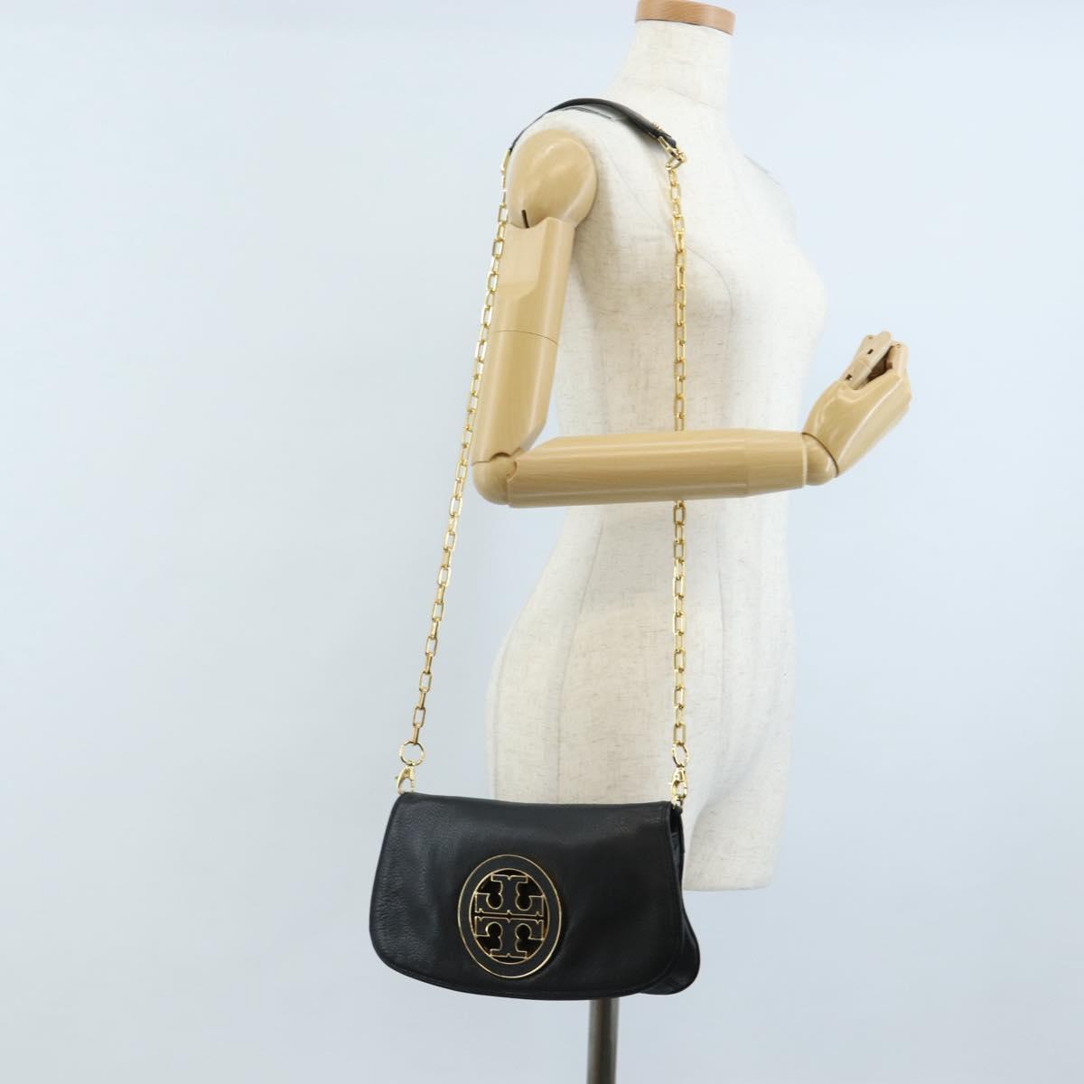 Tory Burch Chain Shoulder Bag Leather Black Gold Tone Auth am12876A
