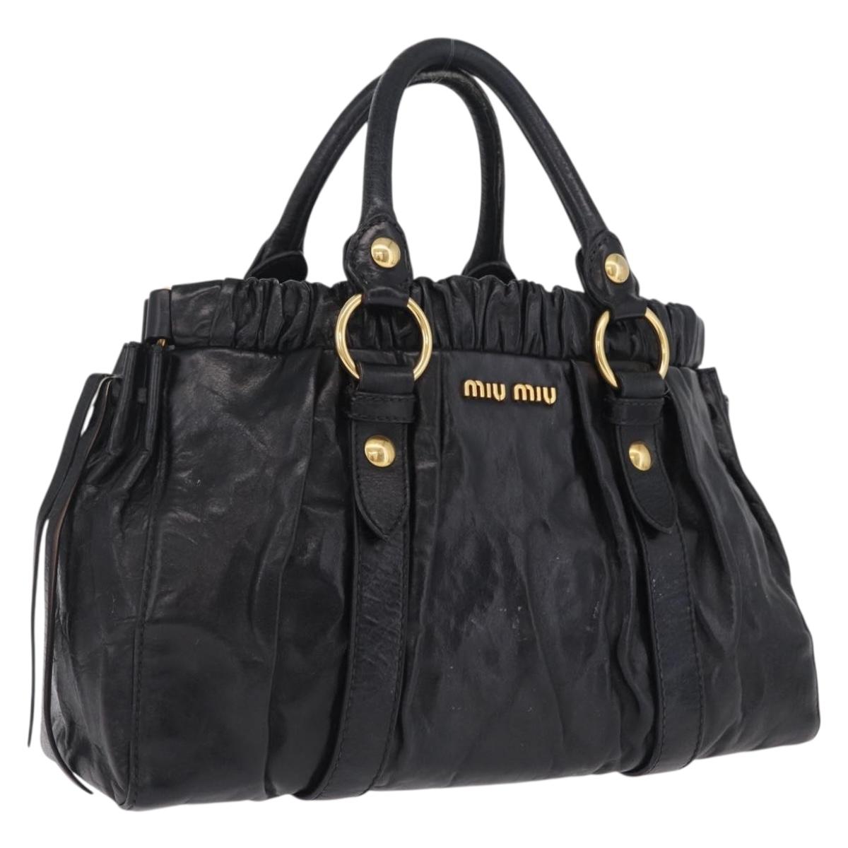 Miu Miu Side Ribbon Hand Bag Leather Black Gold Auth am12883M