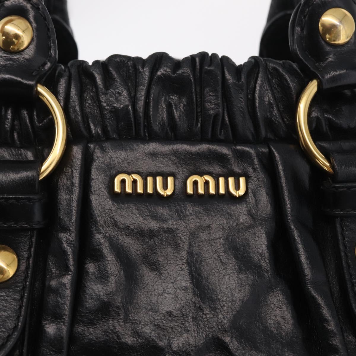 Miu Miu Side Ribbon Hand Bag Leather Black Gold Auth am12883M