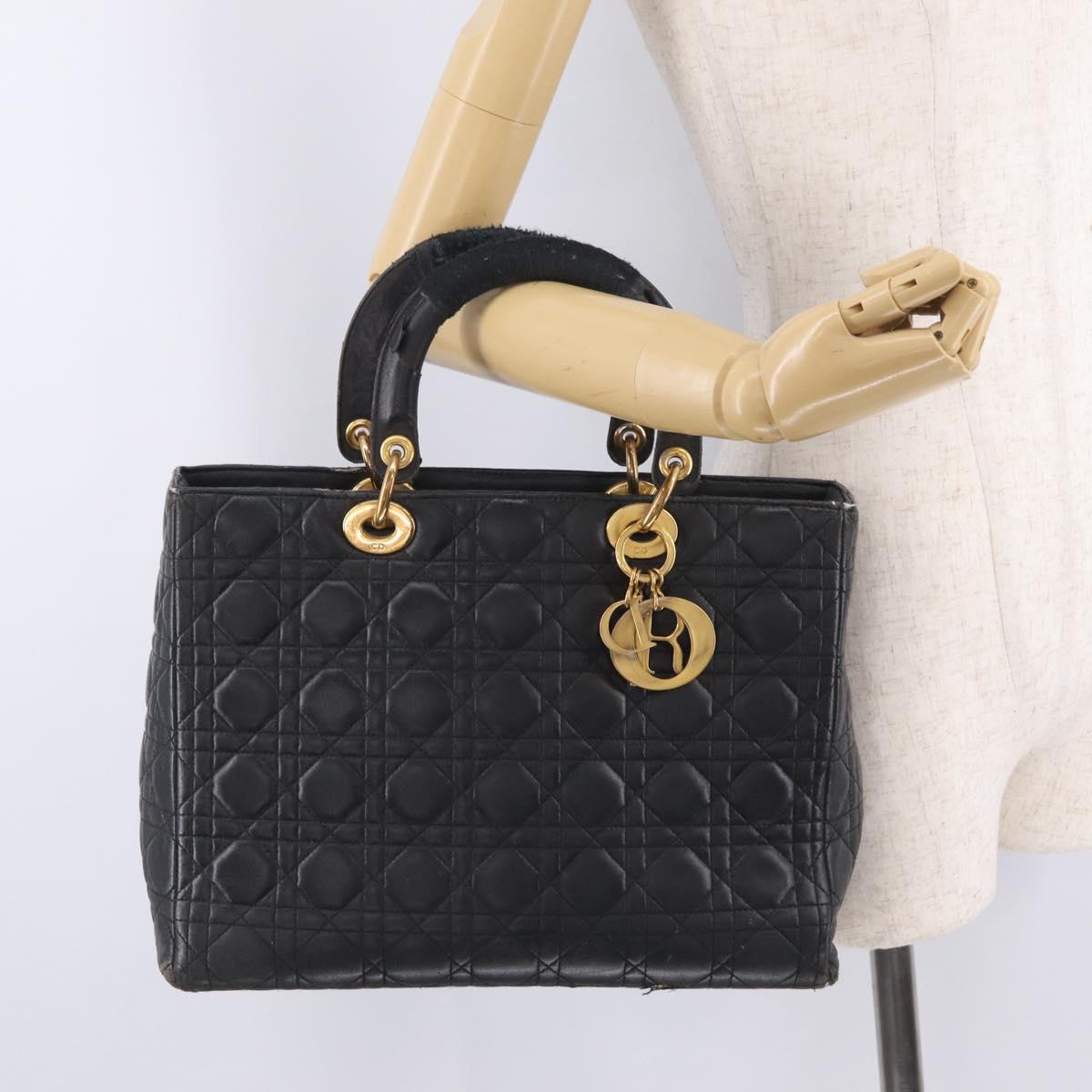 Christian Dior Canage Lady Dior GM Hand Bag Lamb Skin Black Gold Auth am12885