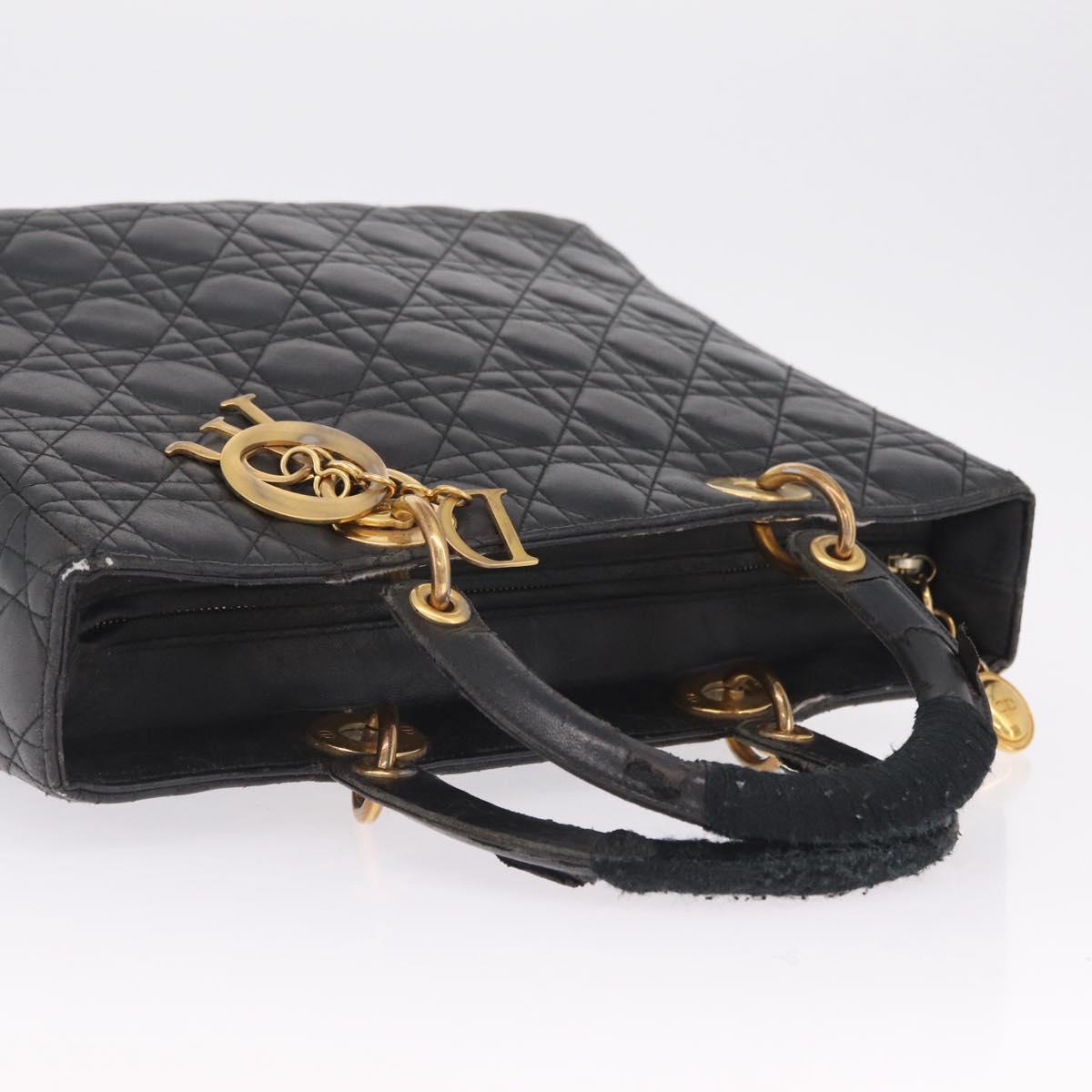 Christian Dior Canage Lady Dior GM Hand Bag Lamb Skin Black Gold Auth am12885