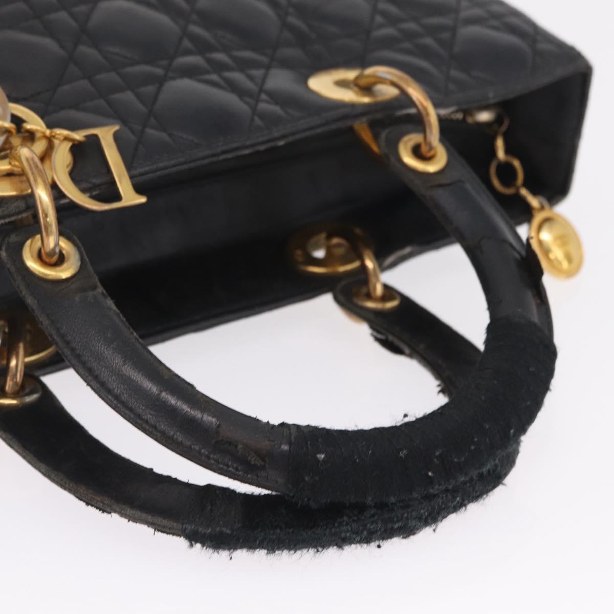 Christian Dior Canage Lady Dior GM Hand Bag Lamb Skin Black Gold Auth am12885