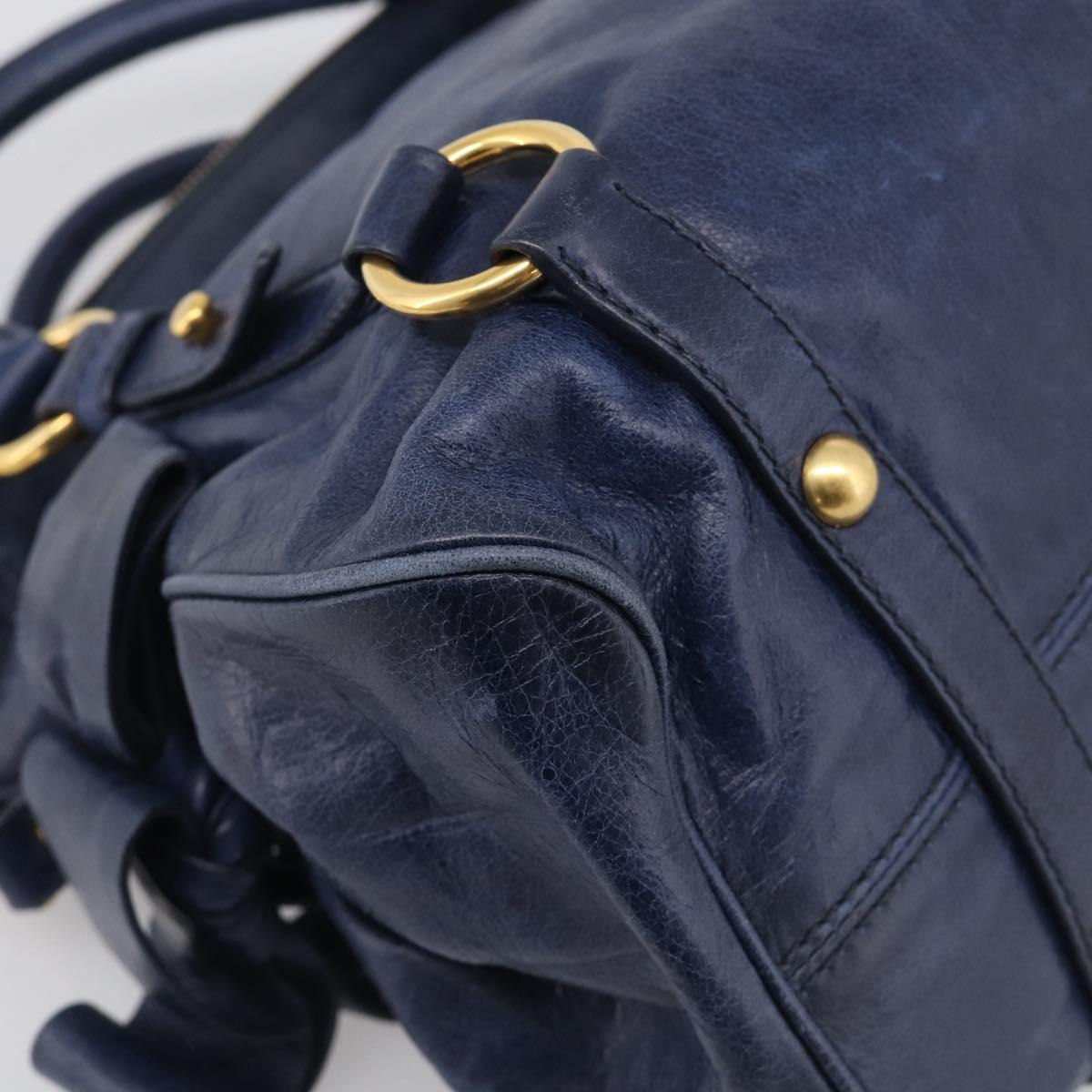 Miu Miu Side Ribbon Hand Bag Leather 2way Navy Gold Auth am12889V