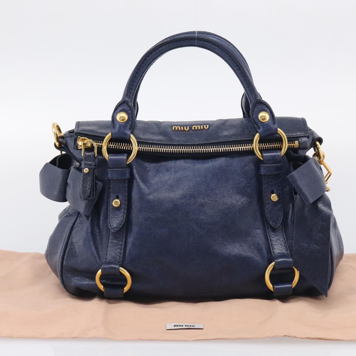 Miu Miu Side Ribbon Hand Bag Leather 2way Navy Gold Auth am12889V