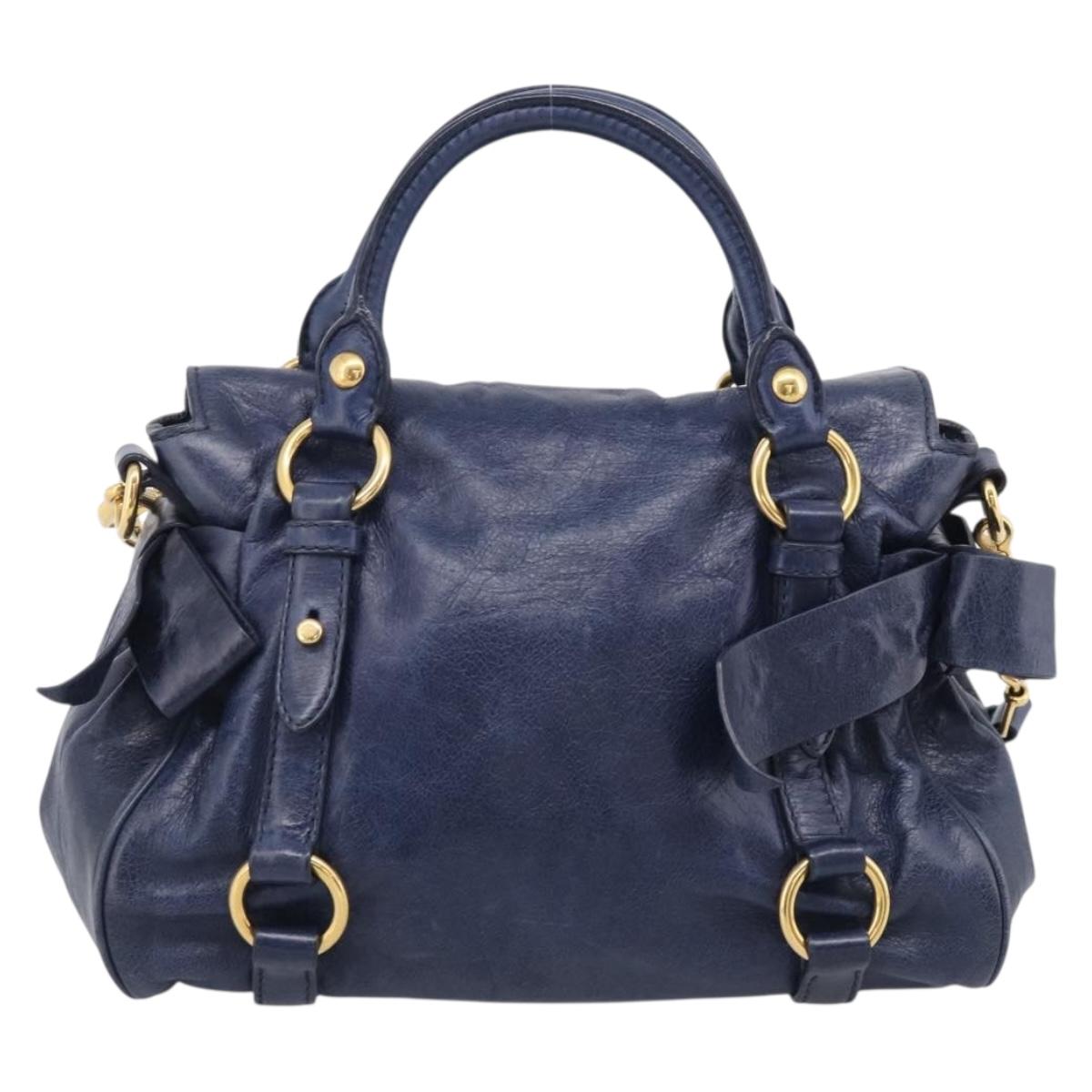 Miu Miu Side Ribbon Hand Bag Leather 2way Navy Gold Auth am12889V