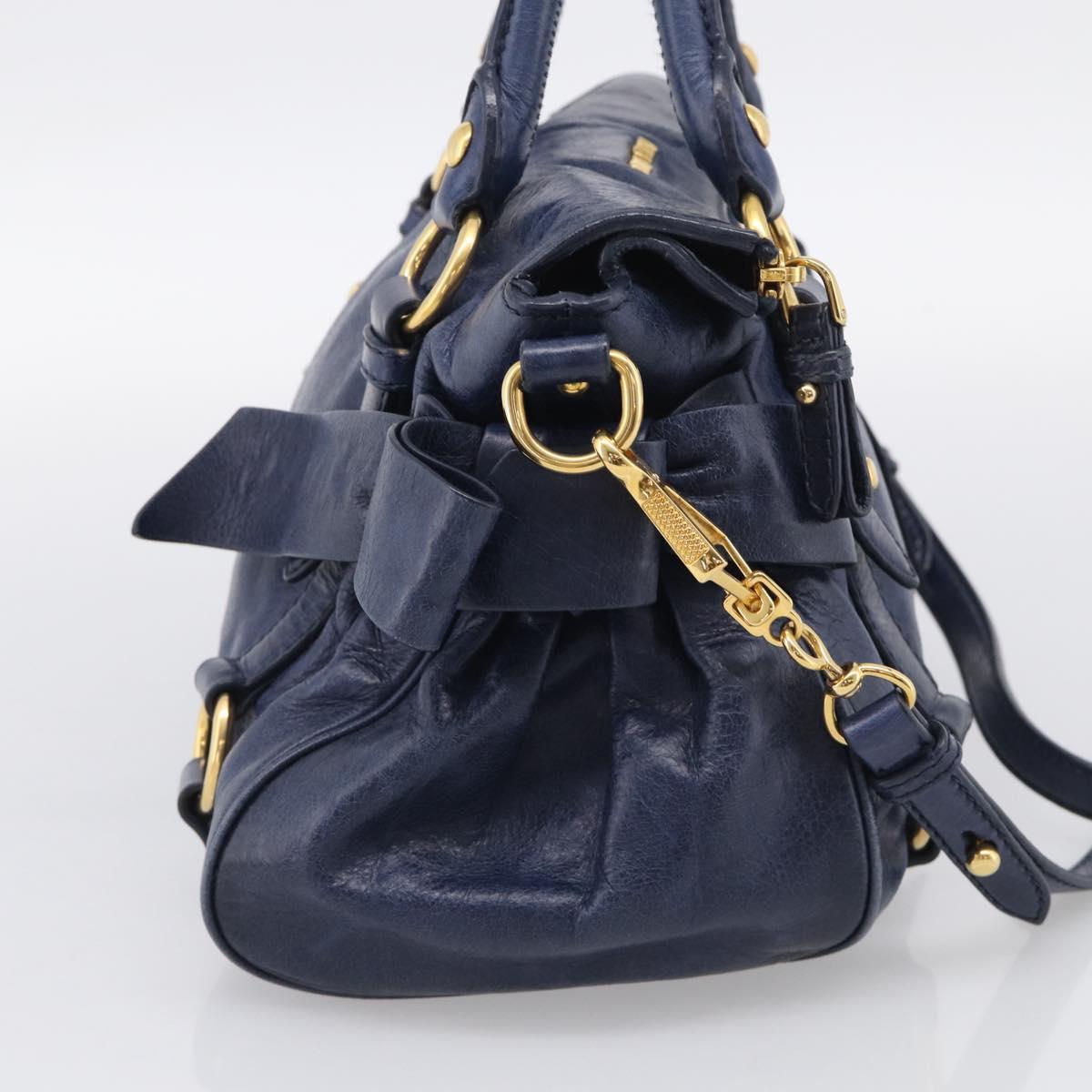 Miu Miu Side Ribbon Hand Bag Leather 2way Navy Gold Auth am12889V