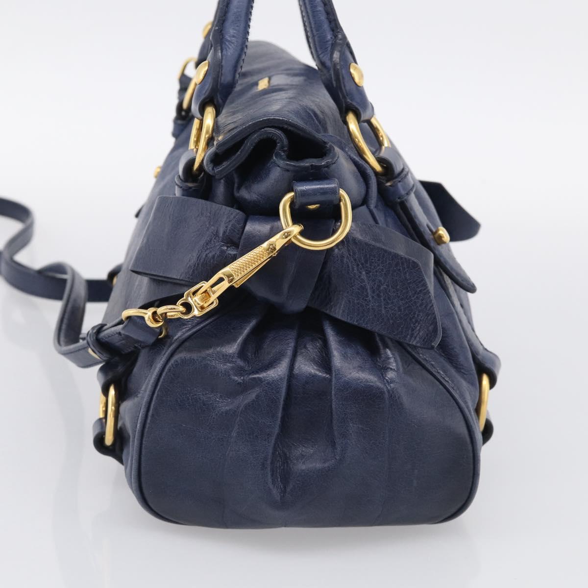 Miu Miu Side Ribbon Hand Bag Leather 2way Navy Gold Auth am12889V