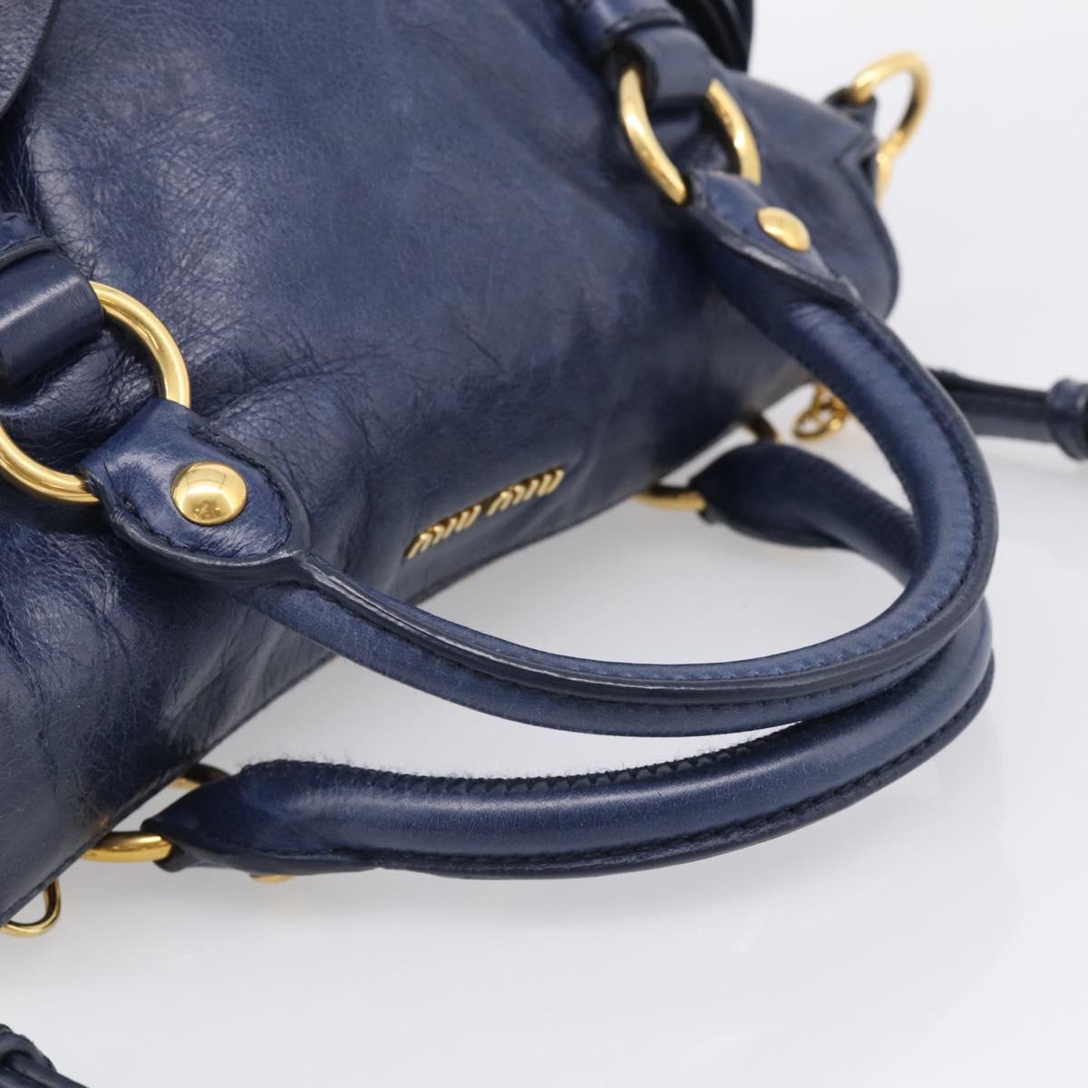 Miu Miu Side Ribbon Hand Bag Leather 2way Navy Gold Auth am12889V