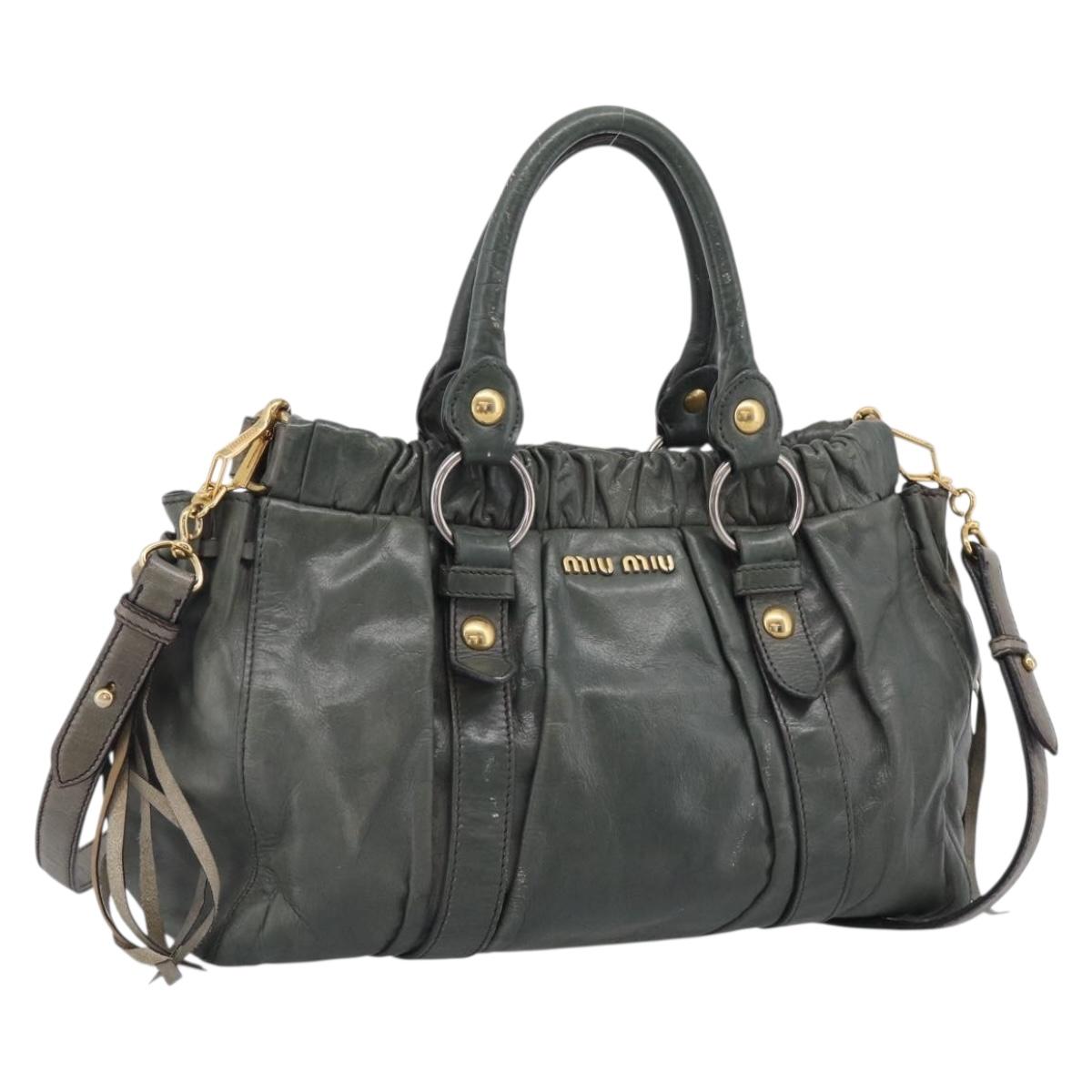 Miu Miu Side Ribbon Hand Bag Leather 2way Khaki Gold Auth am12901A