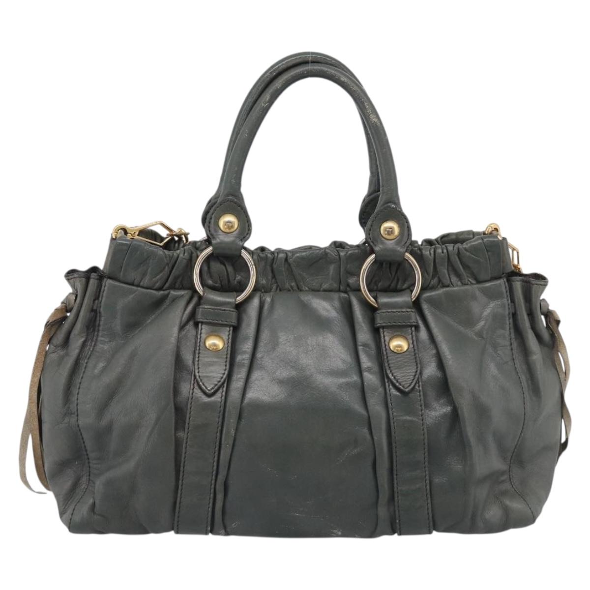 Miu Miu Side Ribbon Hand Bag Leather 2way Khaki Gold Auth am12901A
