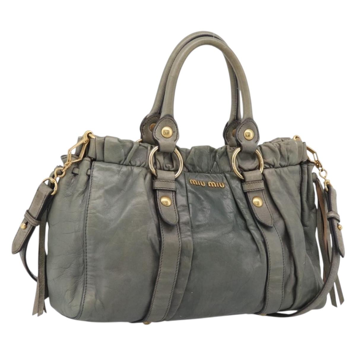 Miu Miu Side ribbon Hand Bag Leather 2way Gray Gold Auth am12902A