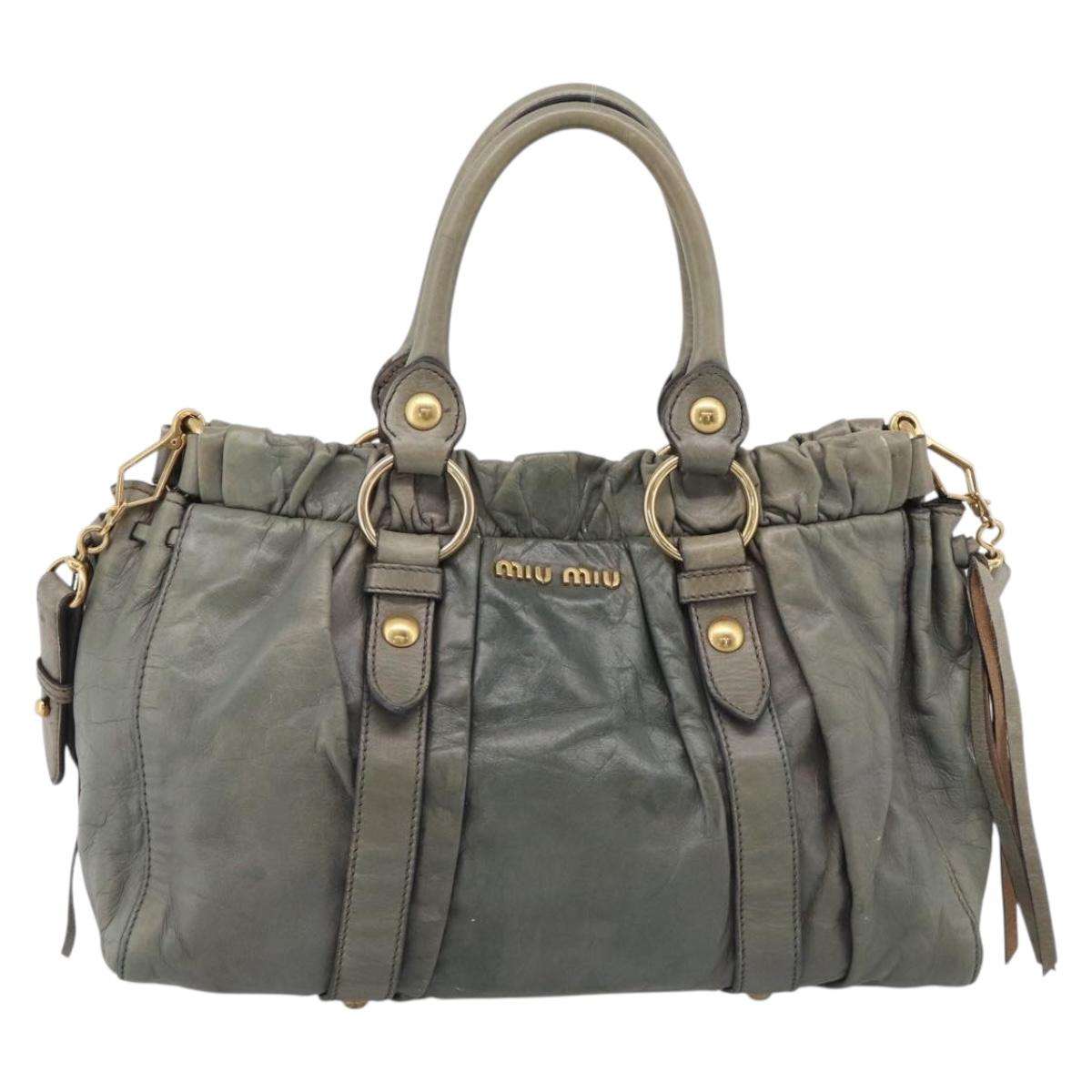 Miu Miu Side ribbon Hand Bag Leather 2way Gray Gold Auth am12902A