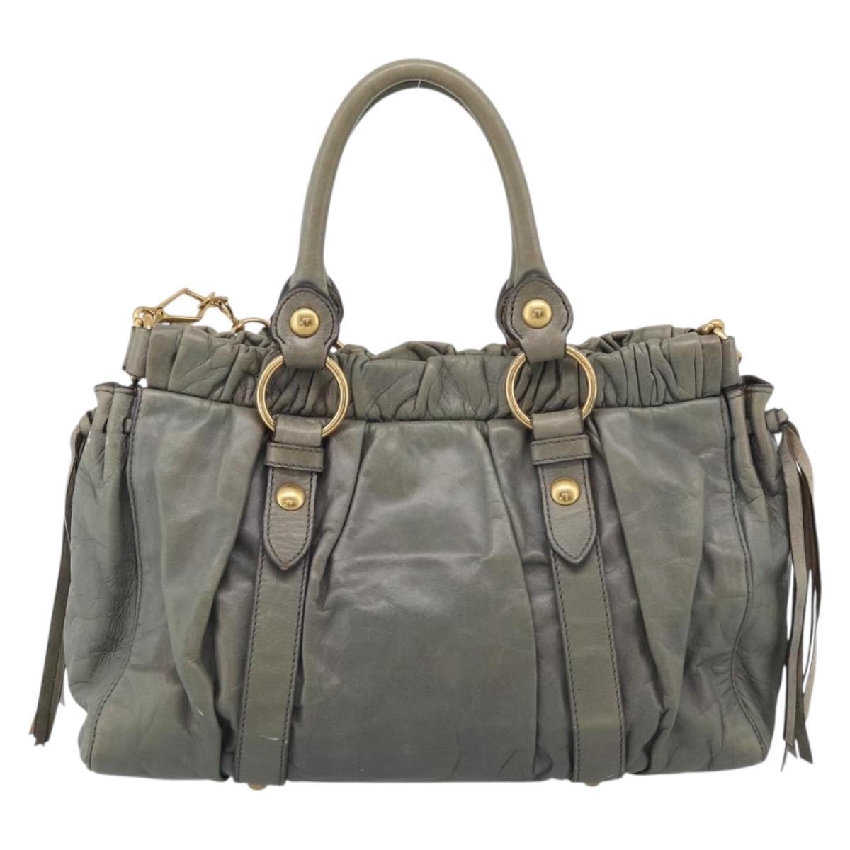 Miu Miu Side ribbon Hand Bag Leather 2way Gray Gold Auth am12902A