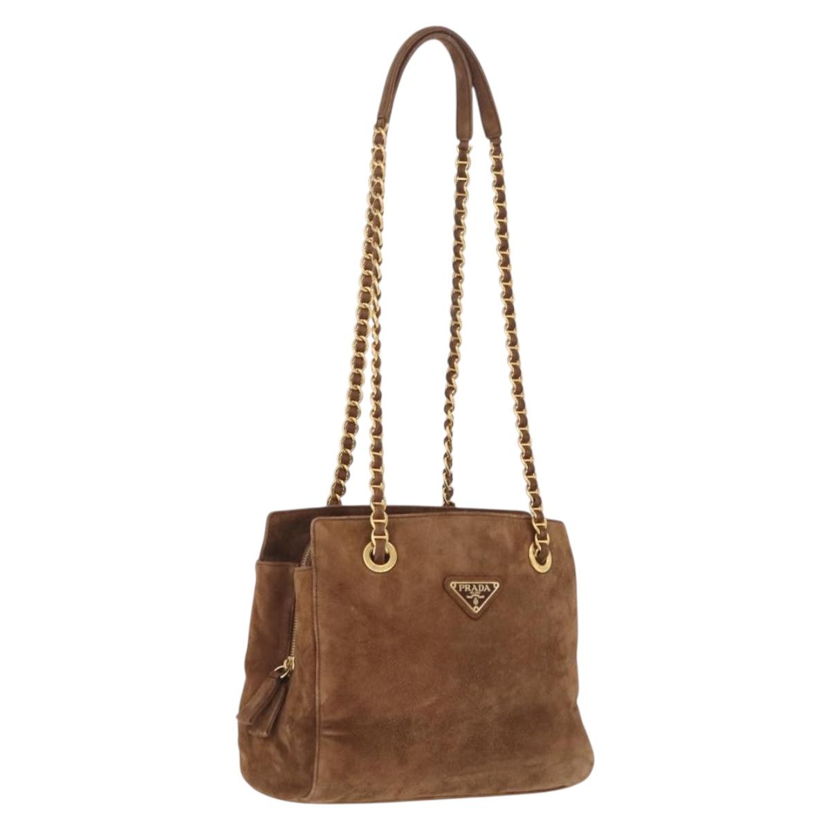 PRADA Chain Tote Bag Suede Brown Gold B4426 Auth am12904A
