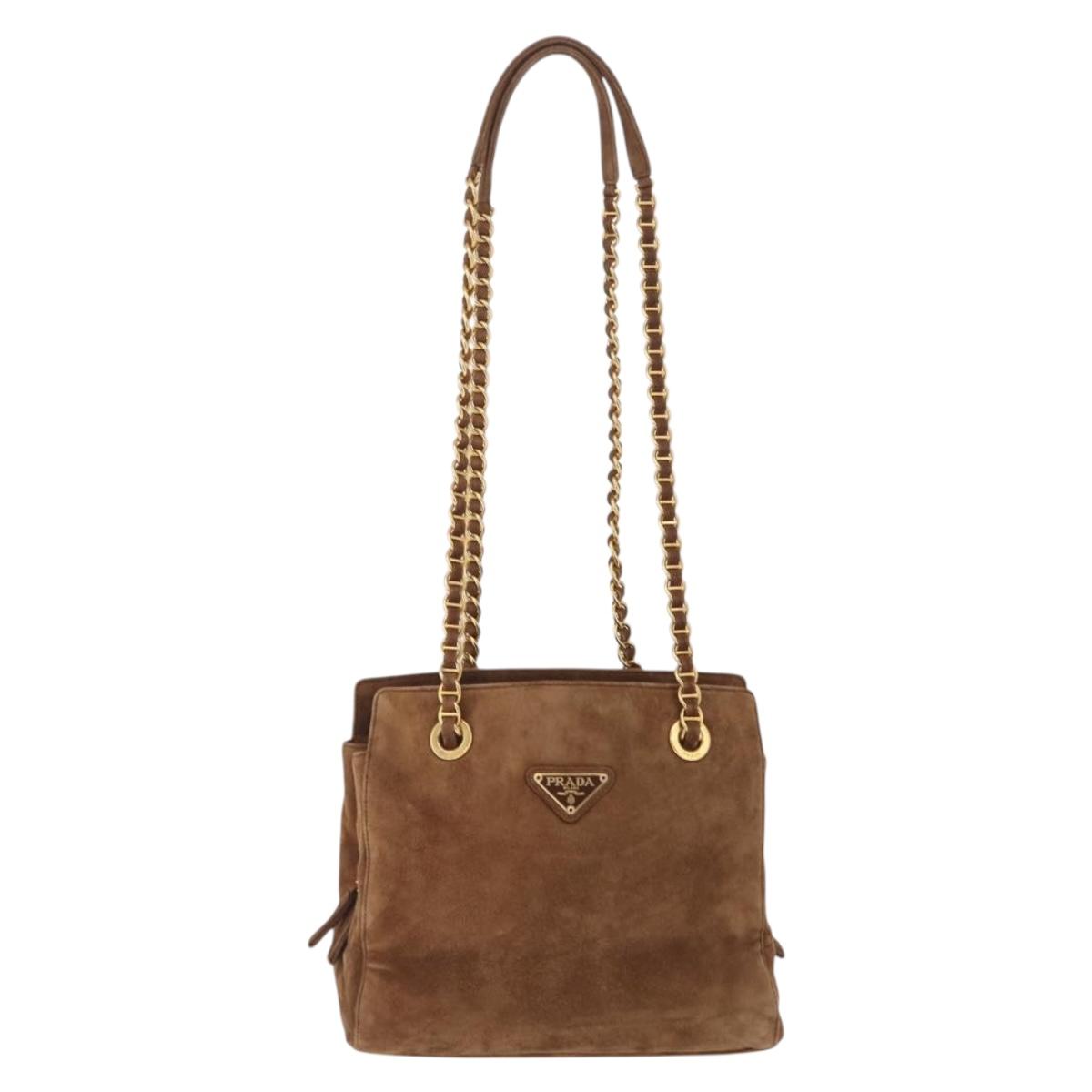 PRADA Chain Tote Bag Suede Brown Gold B4426 Auth am12904A