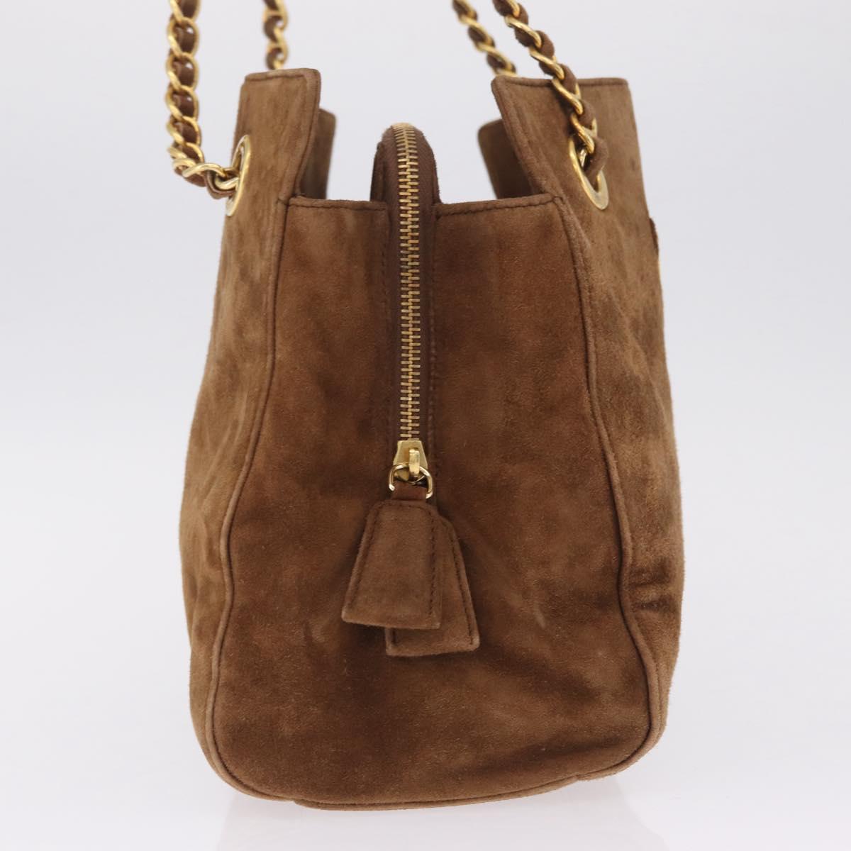 PRADA Chain Tote Bag Suede Brown Gold B4426 Auth am12904A