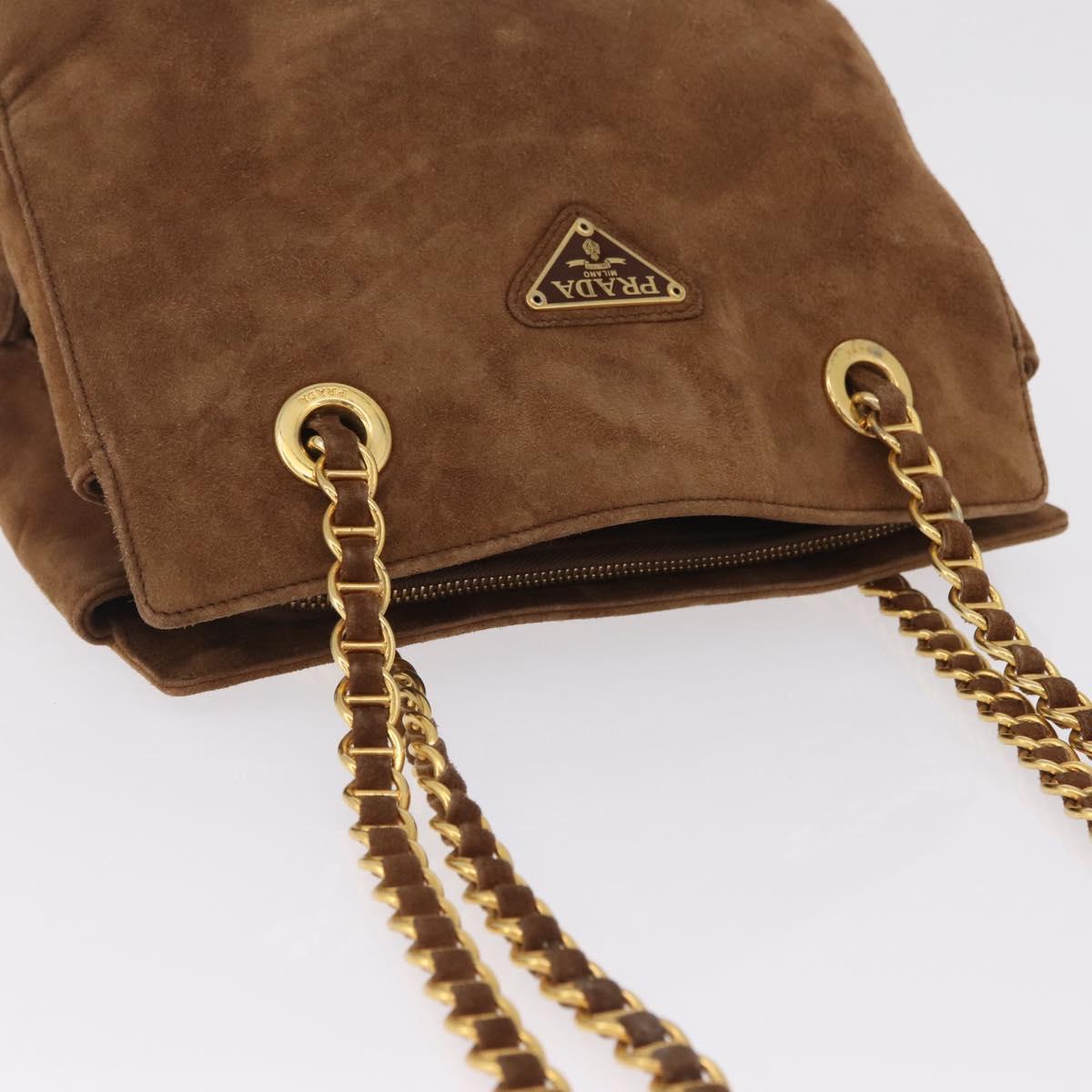 PRADA Chain Tote Bag Suede Brown Gold B4426 Auth am12904A