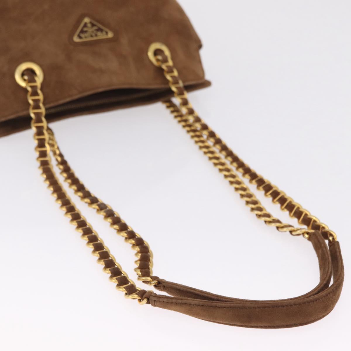 PRADA Chain Tote Bag Suede Brown Gold B4426 Auth am12904A