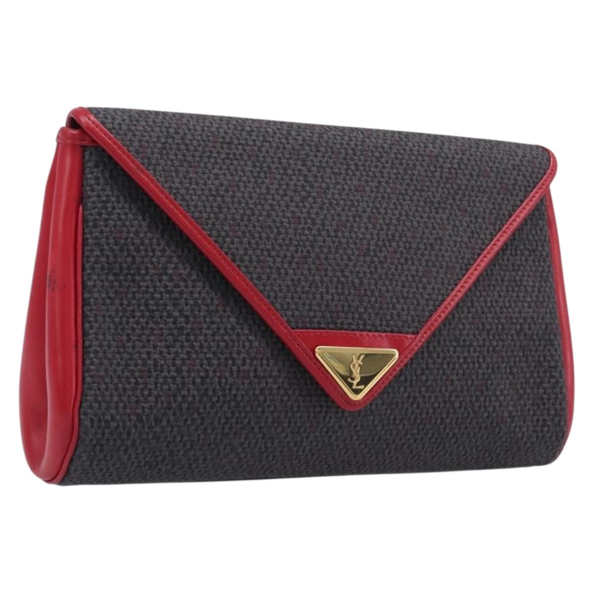 Saint Laurent Clutch Bag Leather Canvas Red Gray gold Auth am12909A