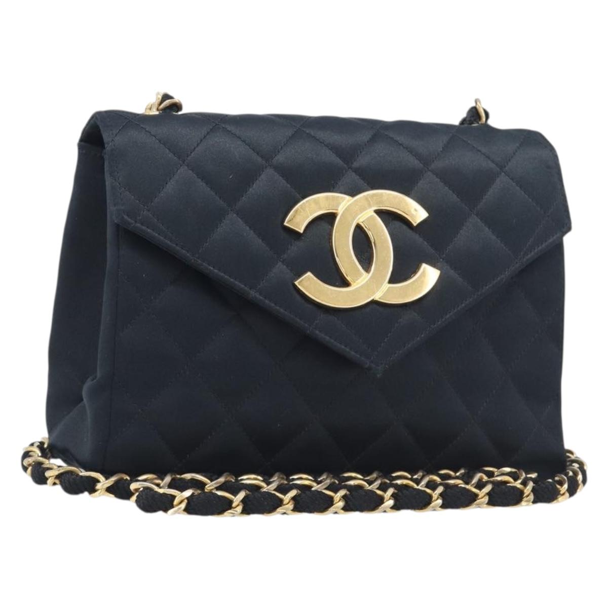 CHANEL Matelasse Decacoco Chain Shoulder Bag Satin Black Gold CC Auth am12961M