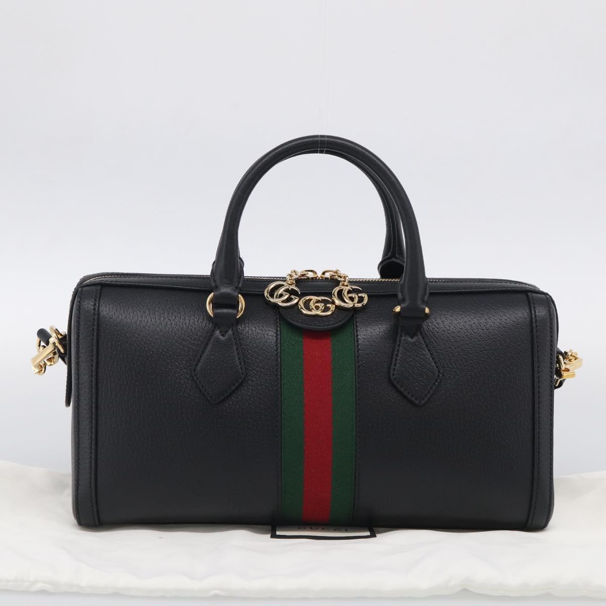 GUCCI Ophdia GG Sherry Line Boston Bag Leather 2way Black Gold Auth am12968M
