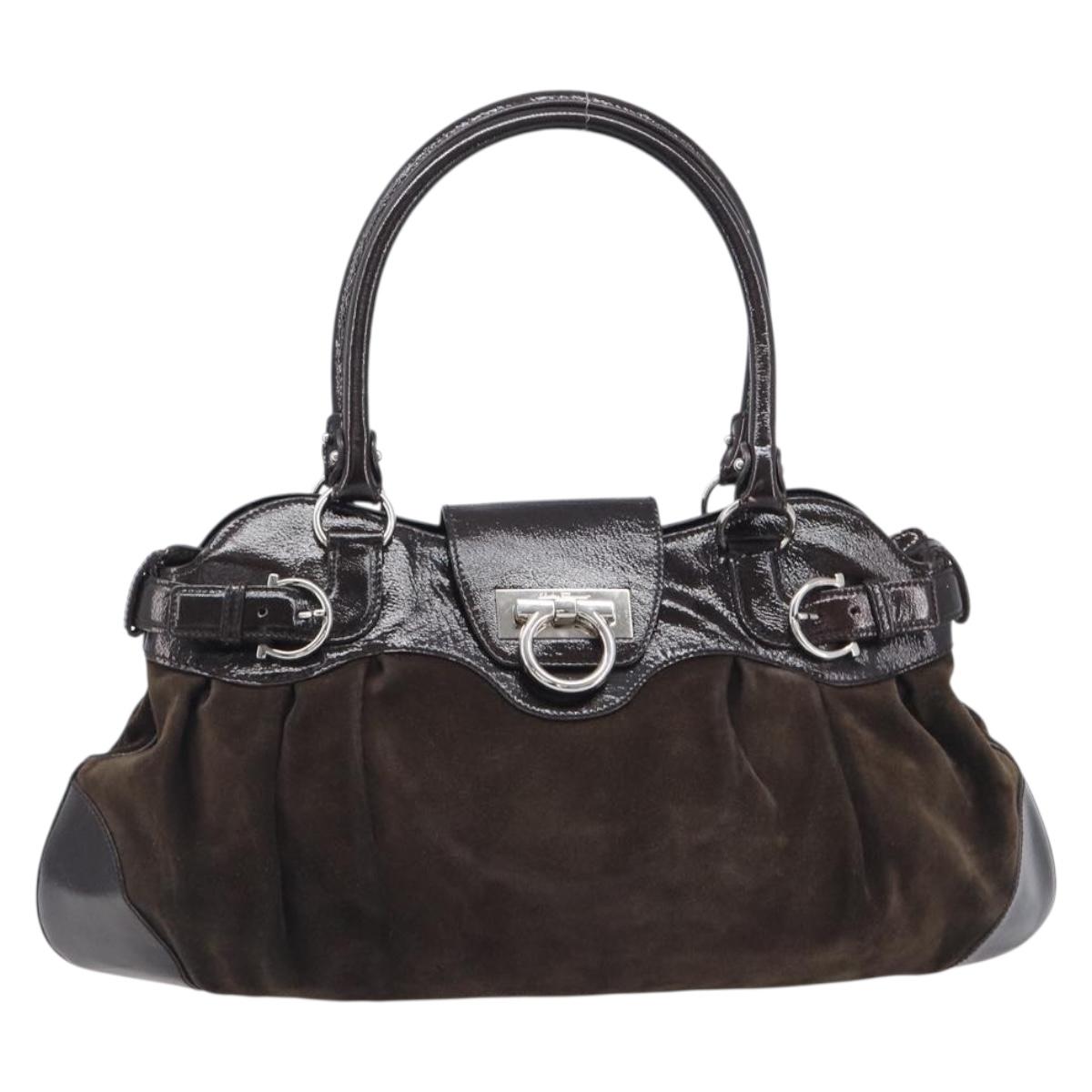 Salvatore Ferragamo Gancini Hand Bag Suede Brown Silver Auth am12981V
