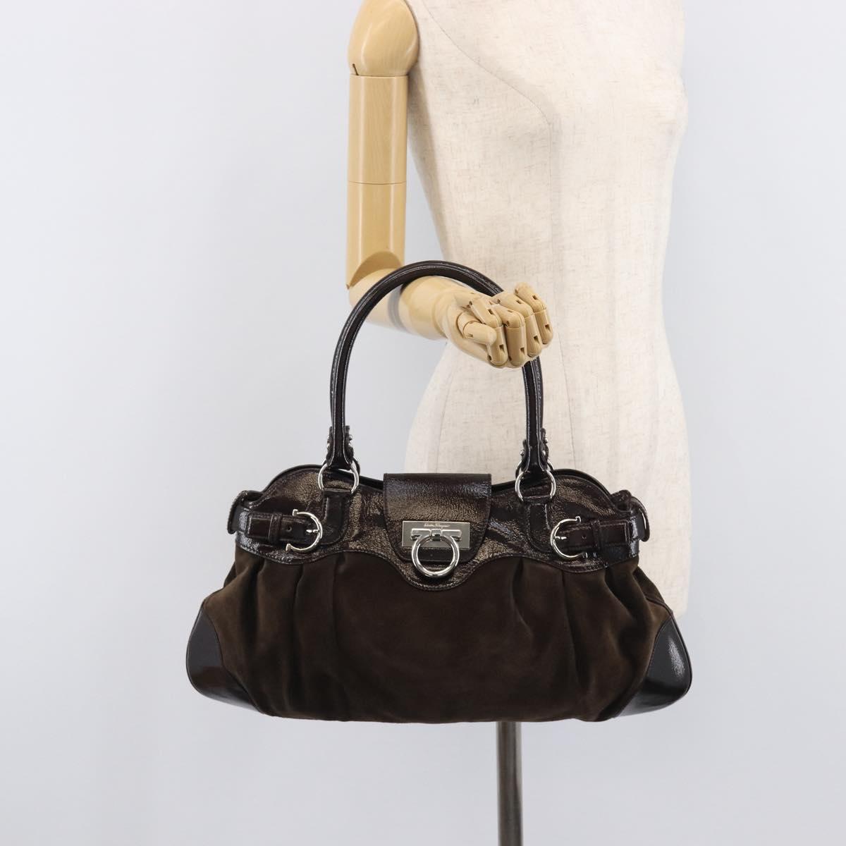 Salvatore Ferragamo Gancini Hand Bag Suede Brown Silver Auth am12981V