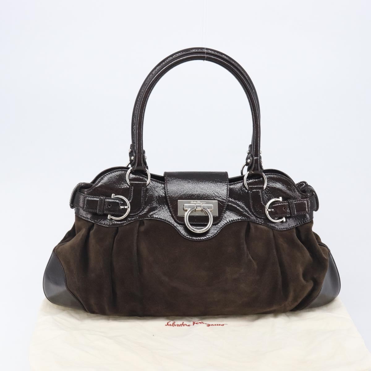 Salvatore Ferragamo Gancini Hand Bag Suede Brown Silver Auth am12981V