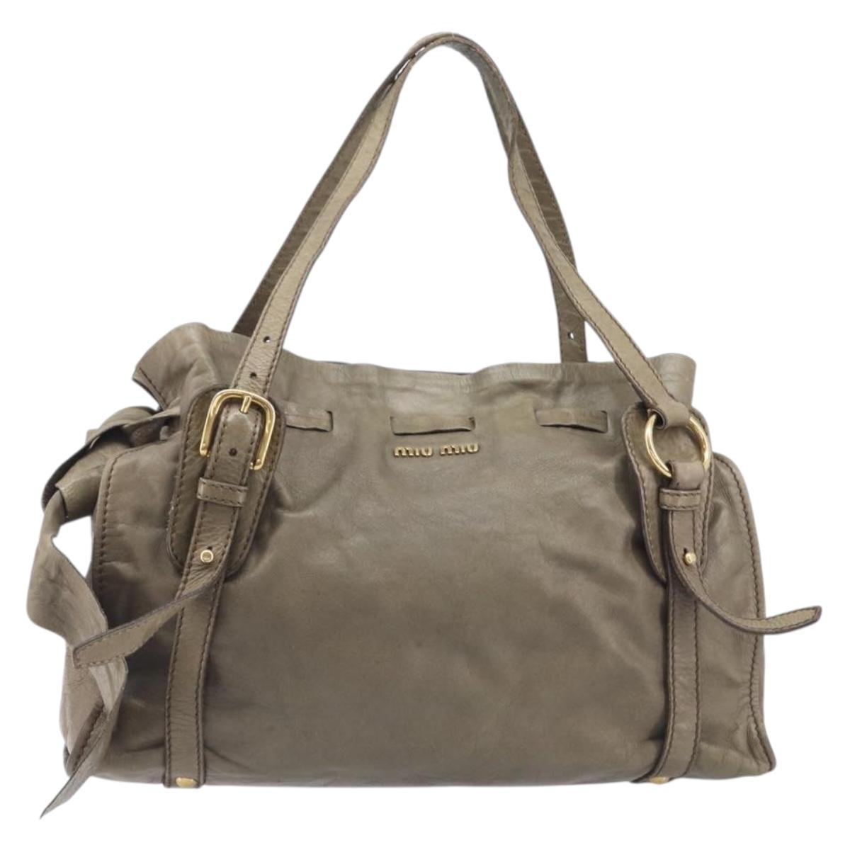 Miu Miu Side Ribbon Tote Bag Leather Khaki Gold Auth am12991A
