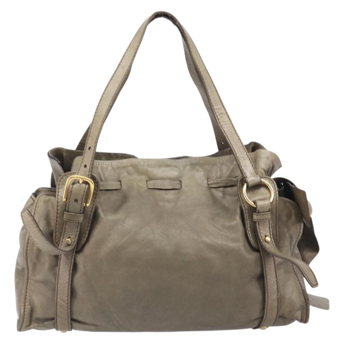 Miu Miu Side Ribbon Tote Bag Leather Khaki Gold Auth am12991A