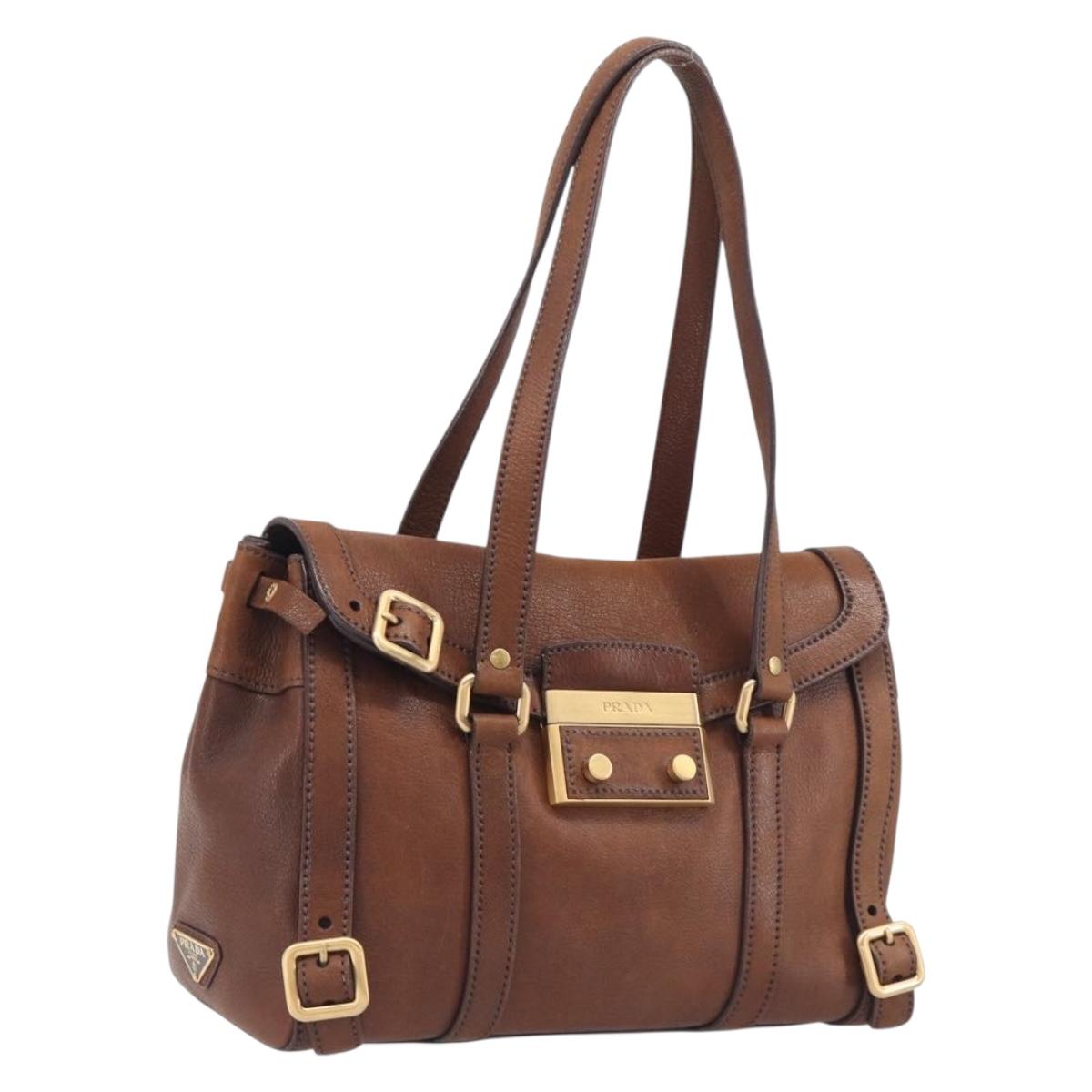 PRADA Tote Bag Leather Brown Gold BR3027 Auth am13004V