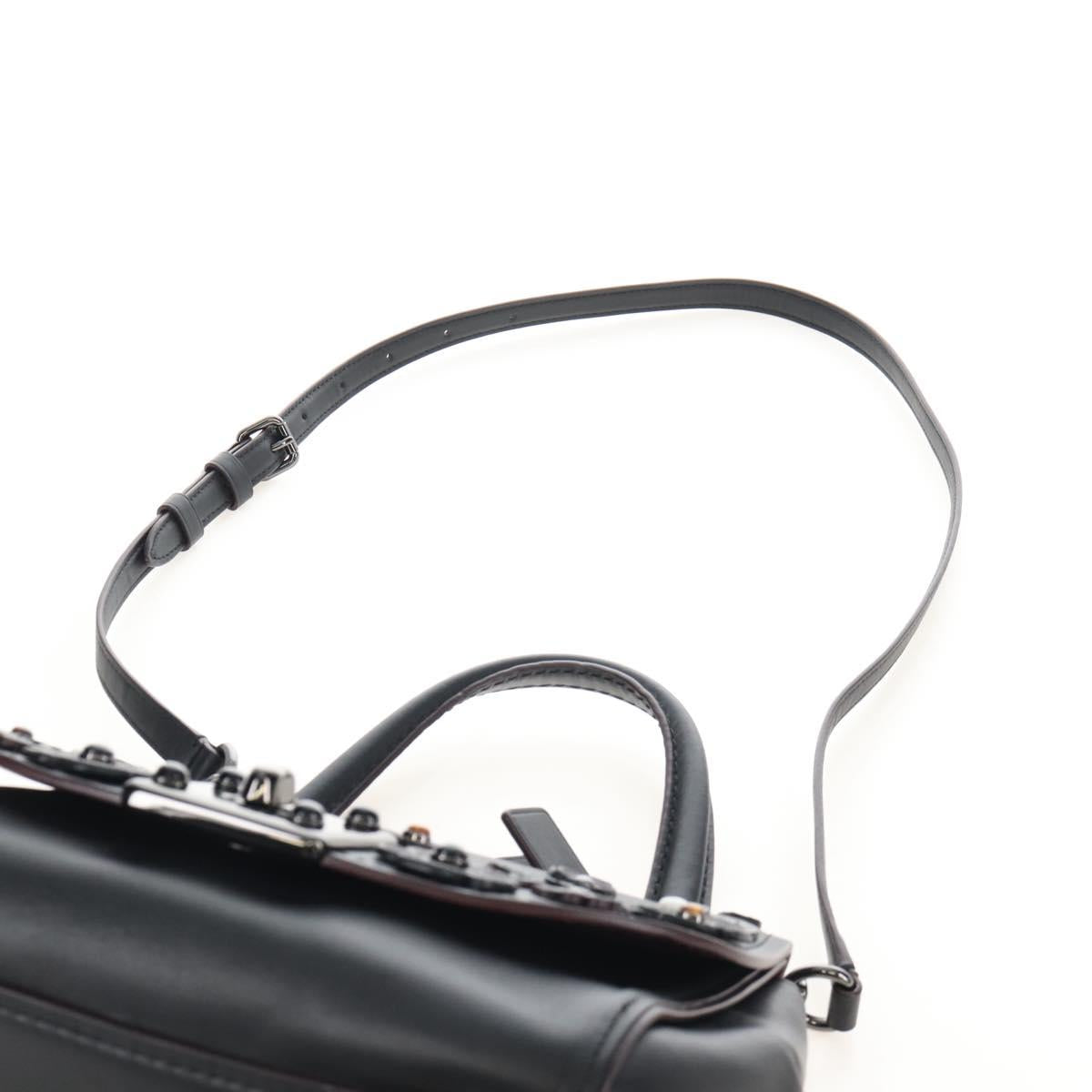 Coach Tea Rose Turn Lock Hand Bag Leather 2way Black Silver Auth am13006V