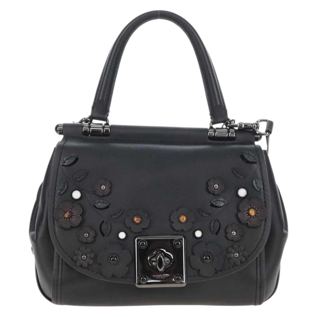 Coach Tea Rose Turn Lock Hand Bag Leather 2way Black Silver Auth am13006V