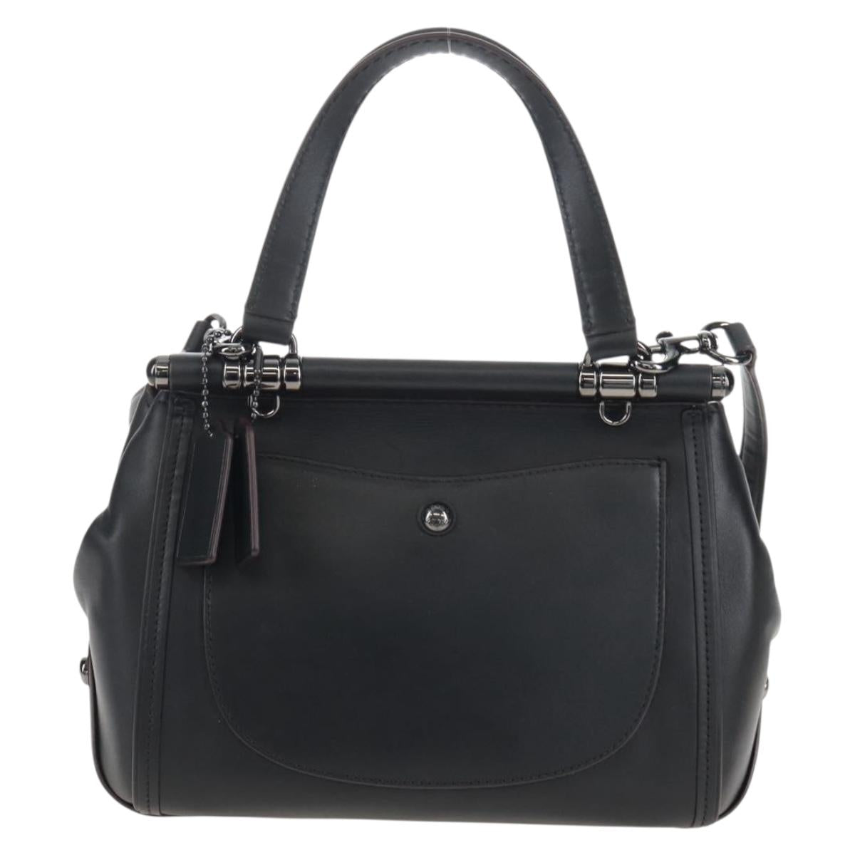 Coach Tea Rose Turn Lock Hand Bag Leather 2way Black Silver Auth am13006V